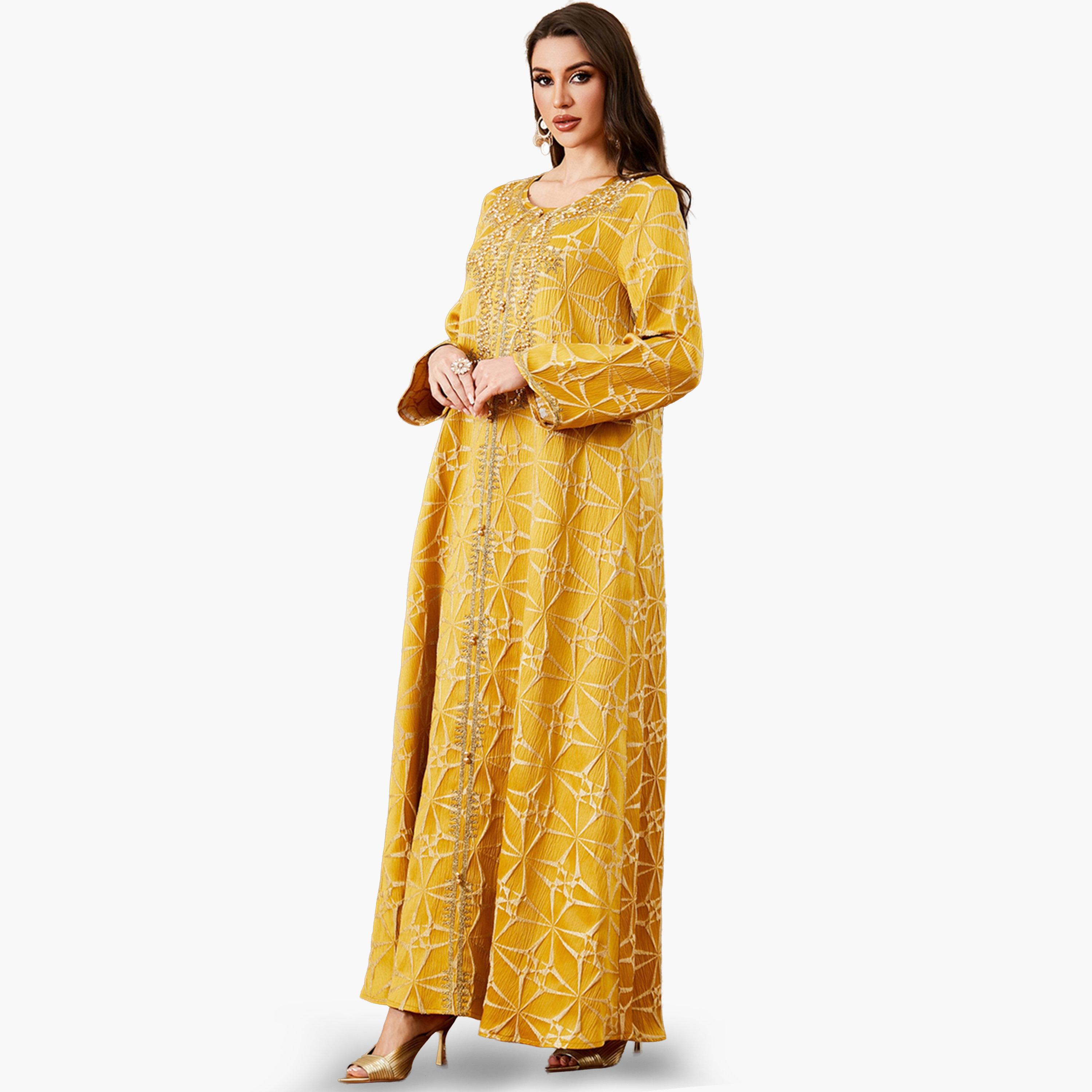 Take Two Yellow Texture Fabric Faux Pearl Detail Jalabiya-women-arabicclothing-jalabiyas-image-6