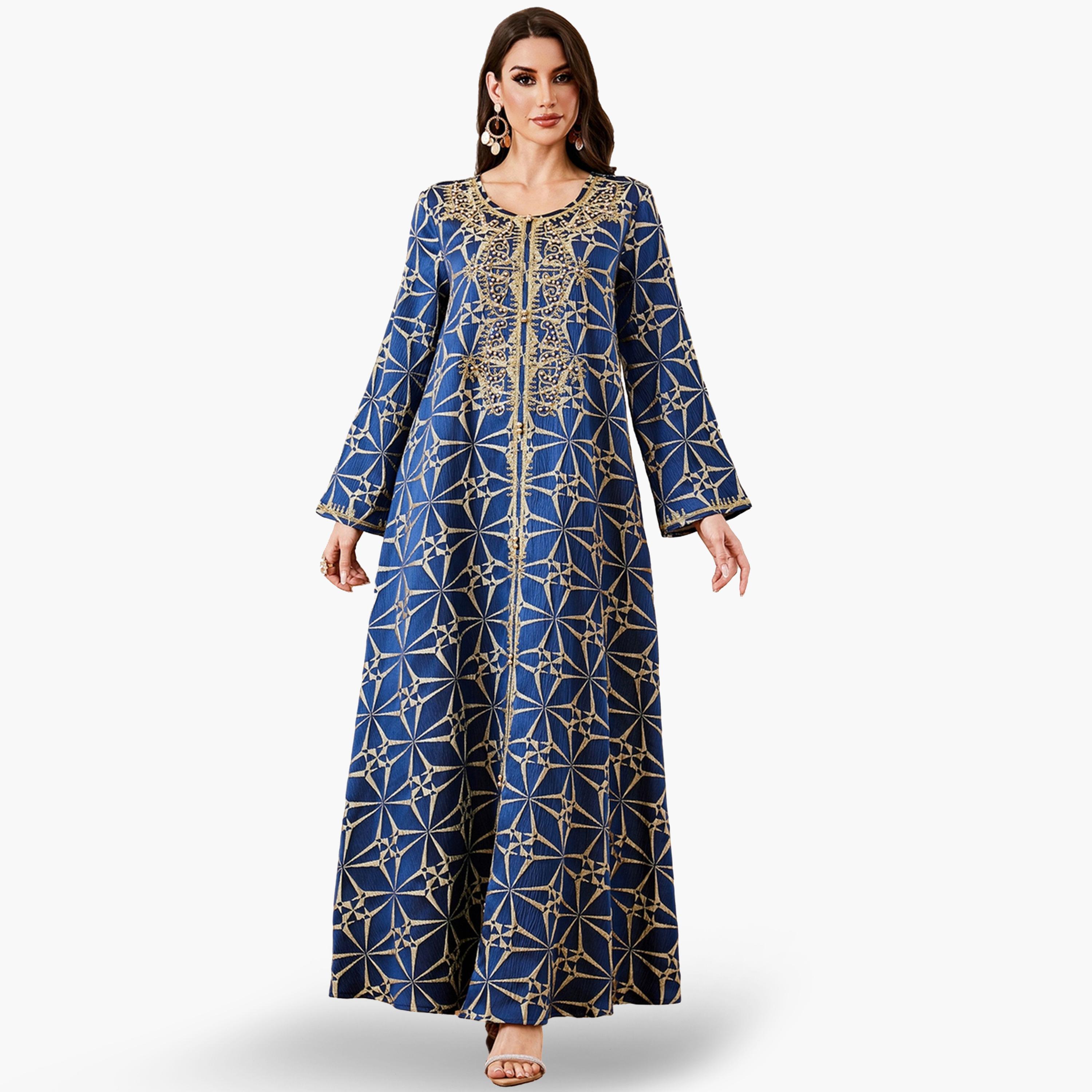 جلابية بحافة واسعة مطرزة طويلة وقماش بارز الملمس-women-arabicclothing-jalabiyas-image-1