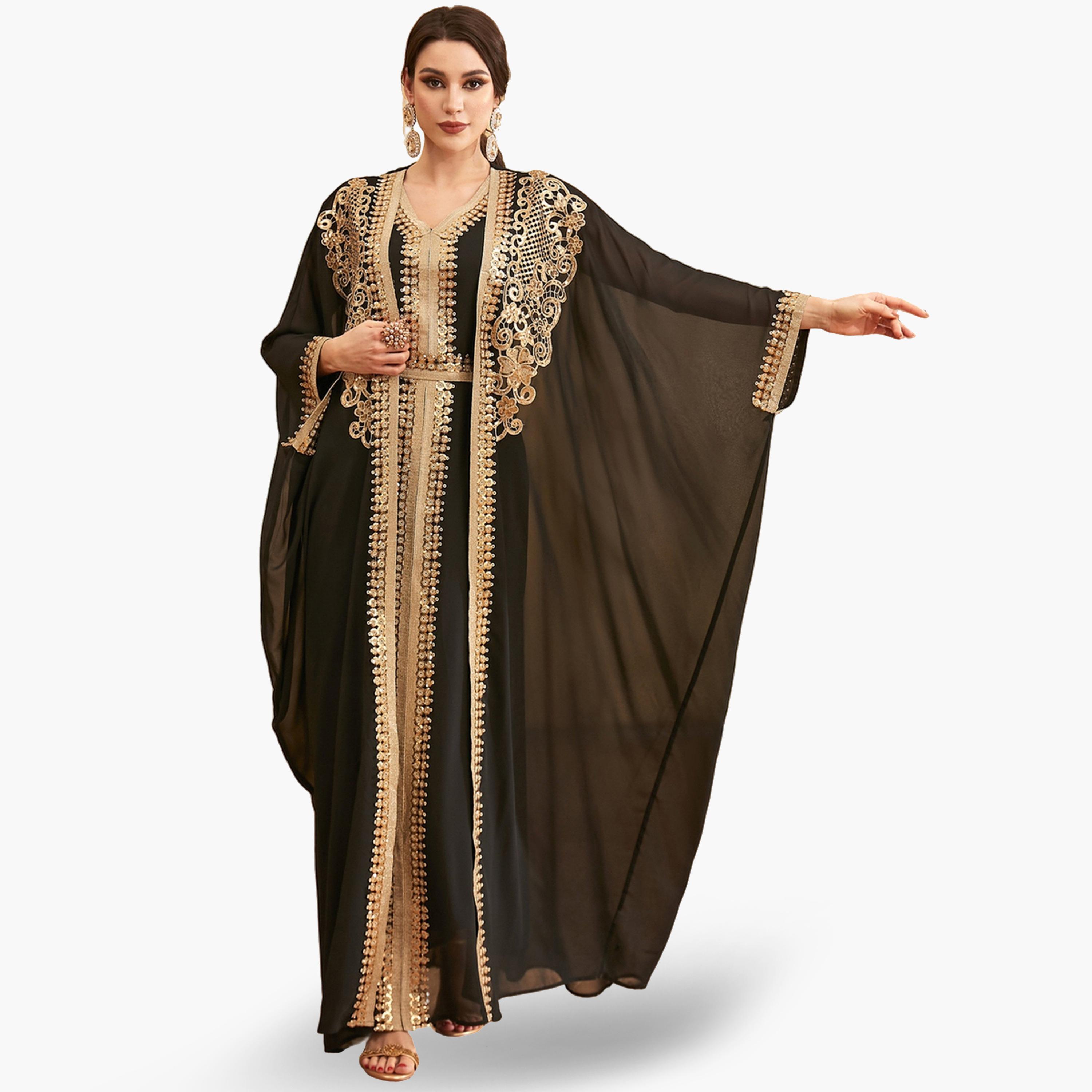طقم فستان بحزام وتفاصيل ترتر مع كيمونو-women-arabicclothing-sets-image-1