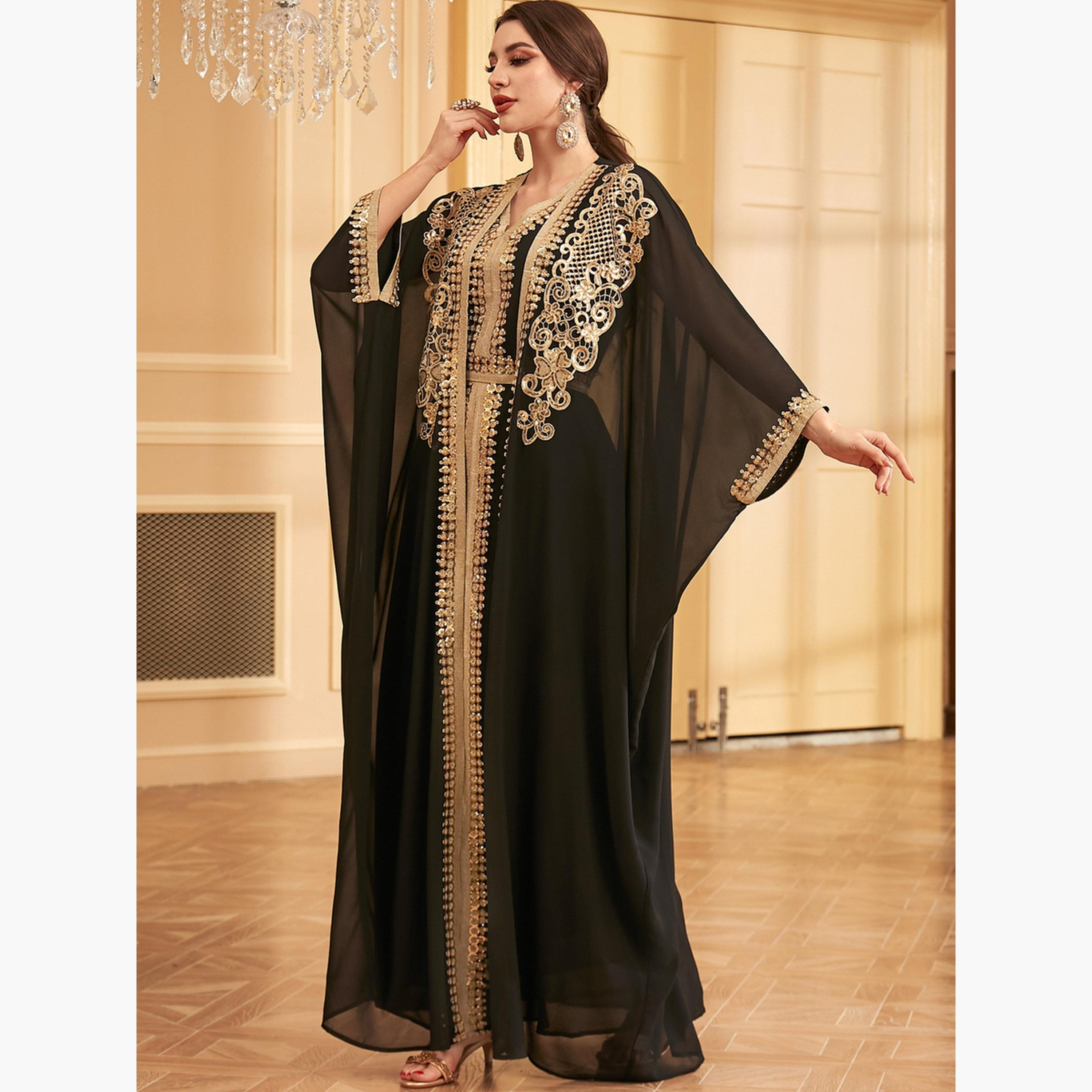 طقم فستان بحزام وتفاصيل ترتر مع كيمونو-women-arabicclothing-sets-image-2