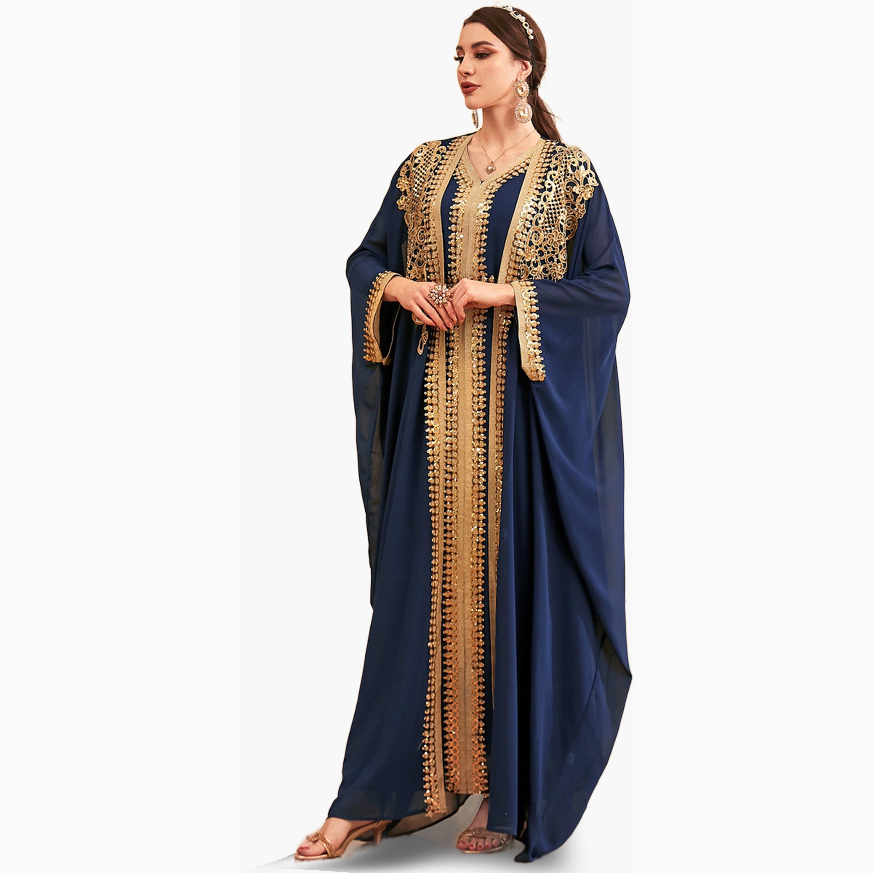 Take Two Navy Blue Sequin Patch Belted Dress with Kimono Set-women-arabicclothing-sets-image-1