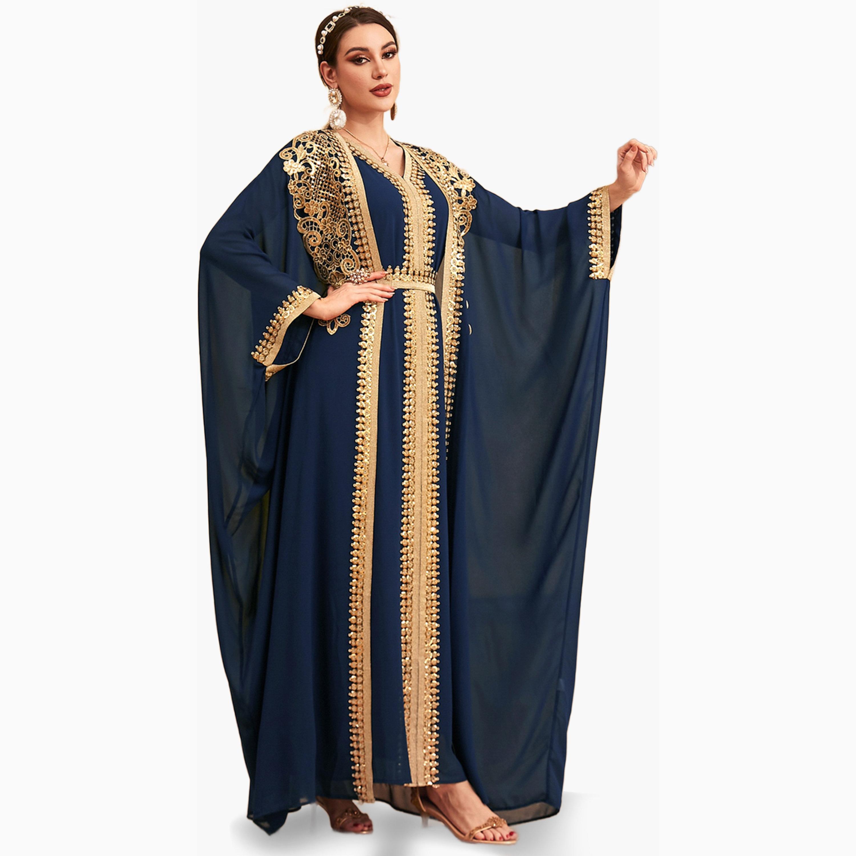 Take Two Navy Blue Sequin Patch Belted Dress with Kimono Set-women-arabicclothing-sets-image-2