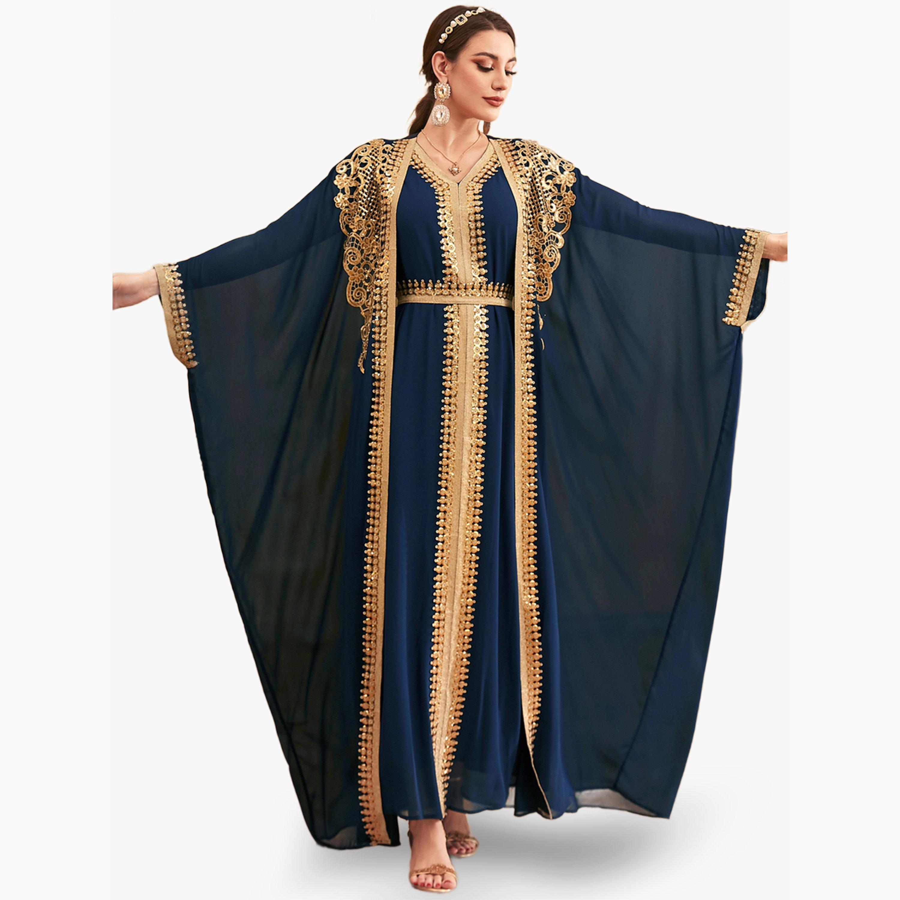 مجموعة من فستان بحزام وكيمونو بتفاصيل ترتر-women-arabicclothing-sets-image-3