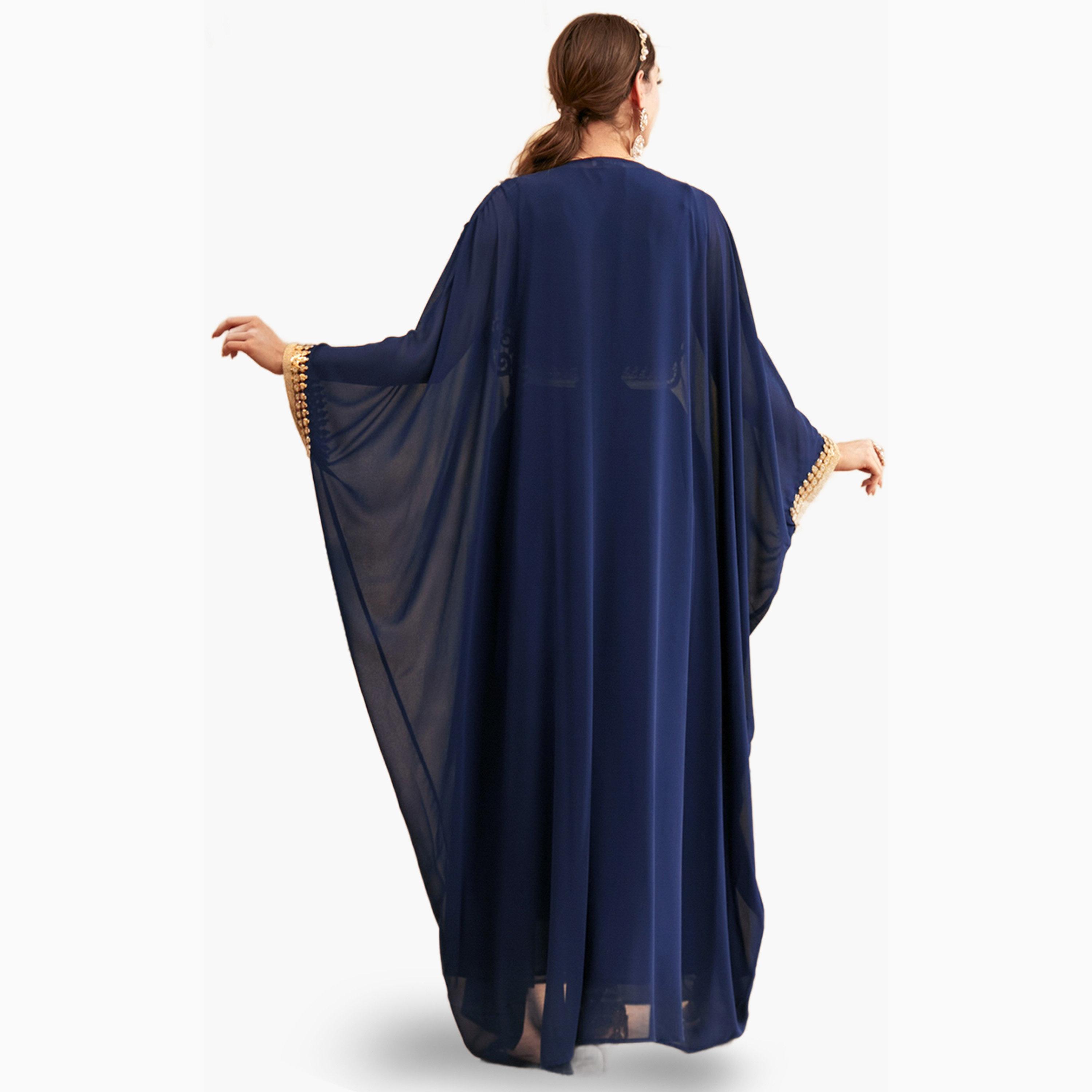 Take Two Navy Blue Sequin Patch Belted Dress with Kimono Set-women-arabicclothing-sets-image-4