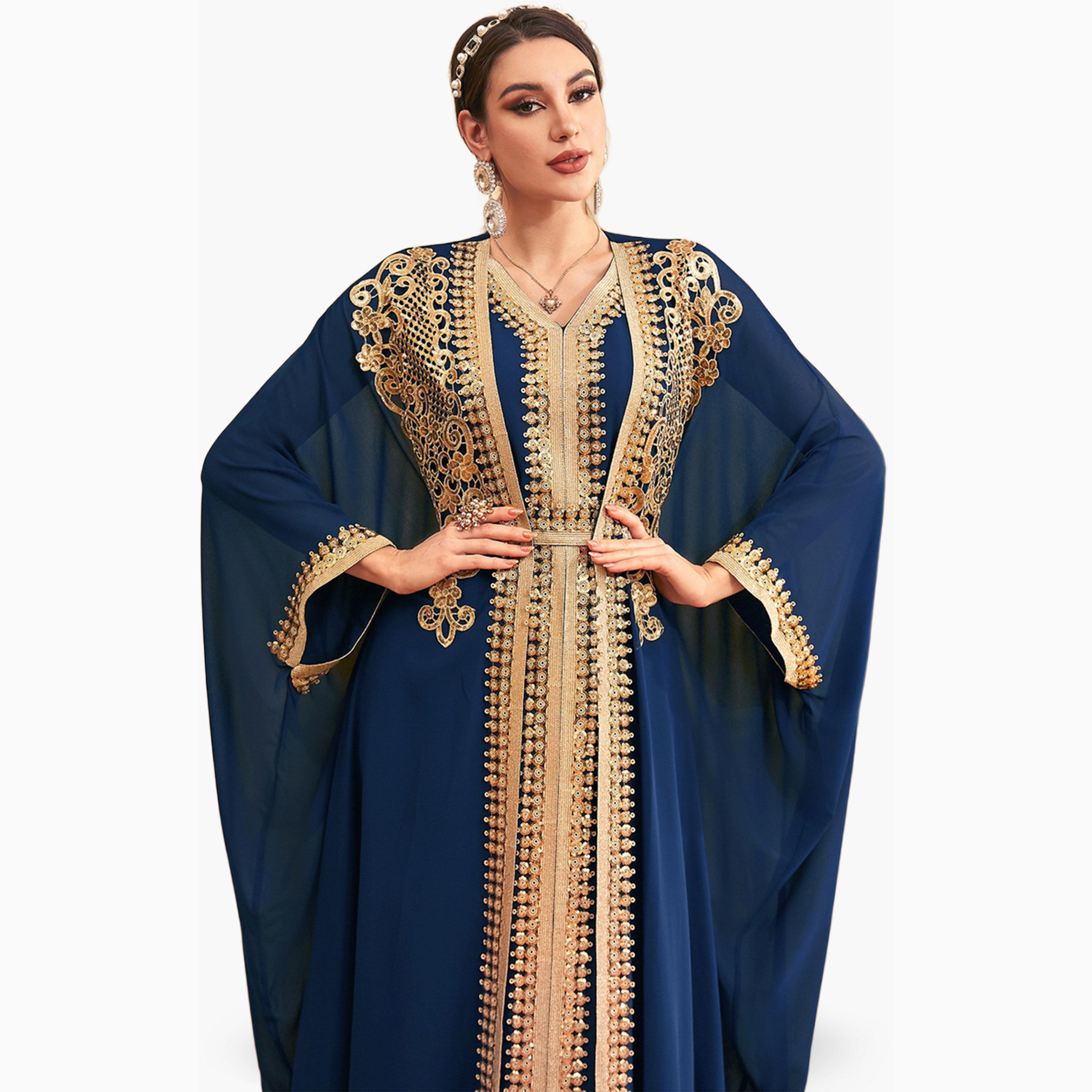 مجموعة من فستان بحزام وكيمونو بتفاصيل ترتر-women-arabicclothing-sets-image-5