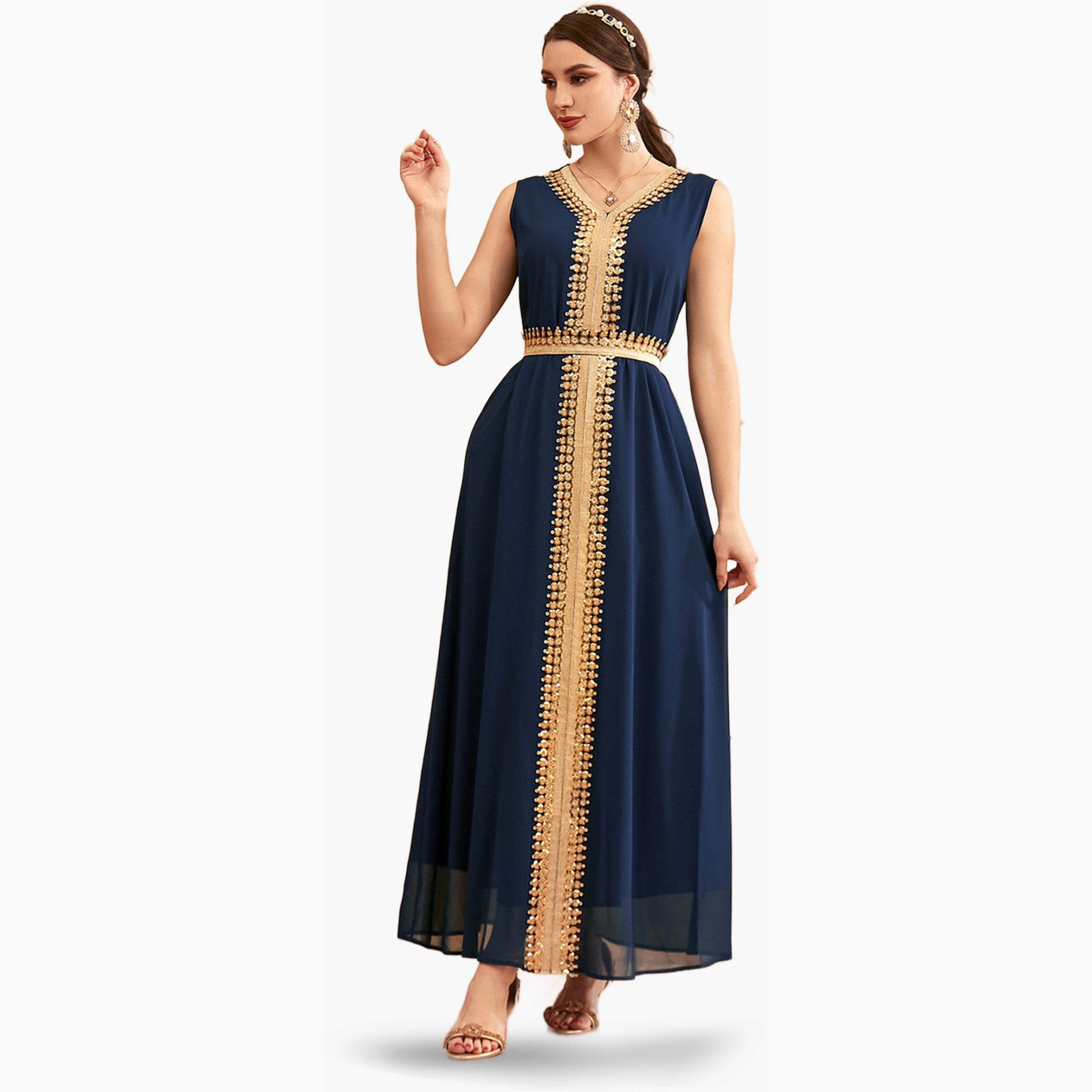 مجموعة من فستان بحزام وكيمونو بتفاصيل ترتر-women-arabicclothing-sets-image-6