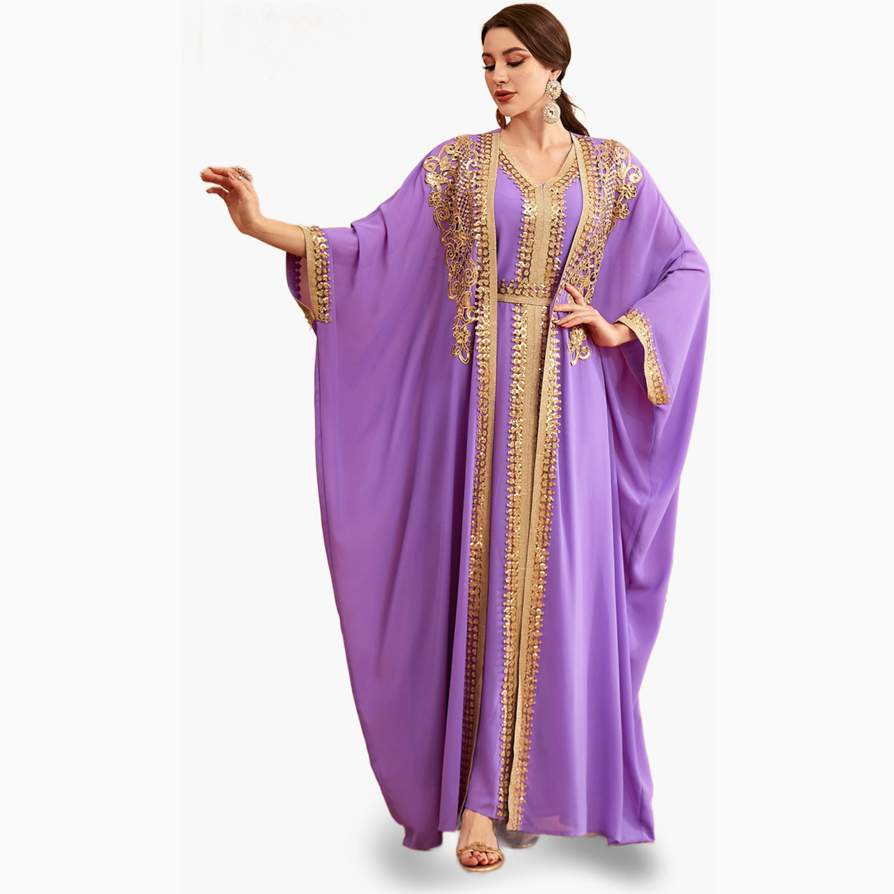 Take Two Purple Sequin Patch Detail Belted Dress with Kimono Set-women-arabicclothing-sets-image-2