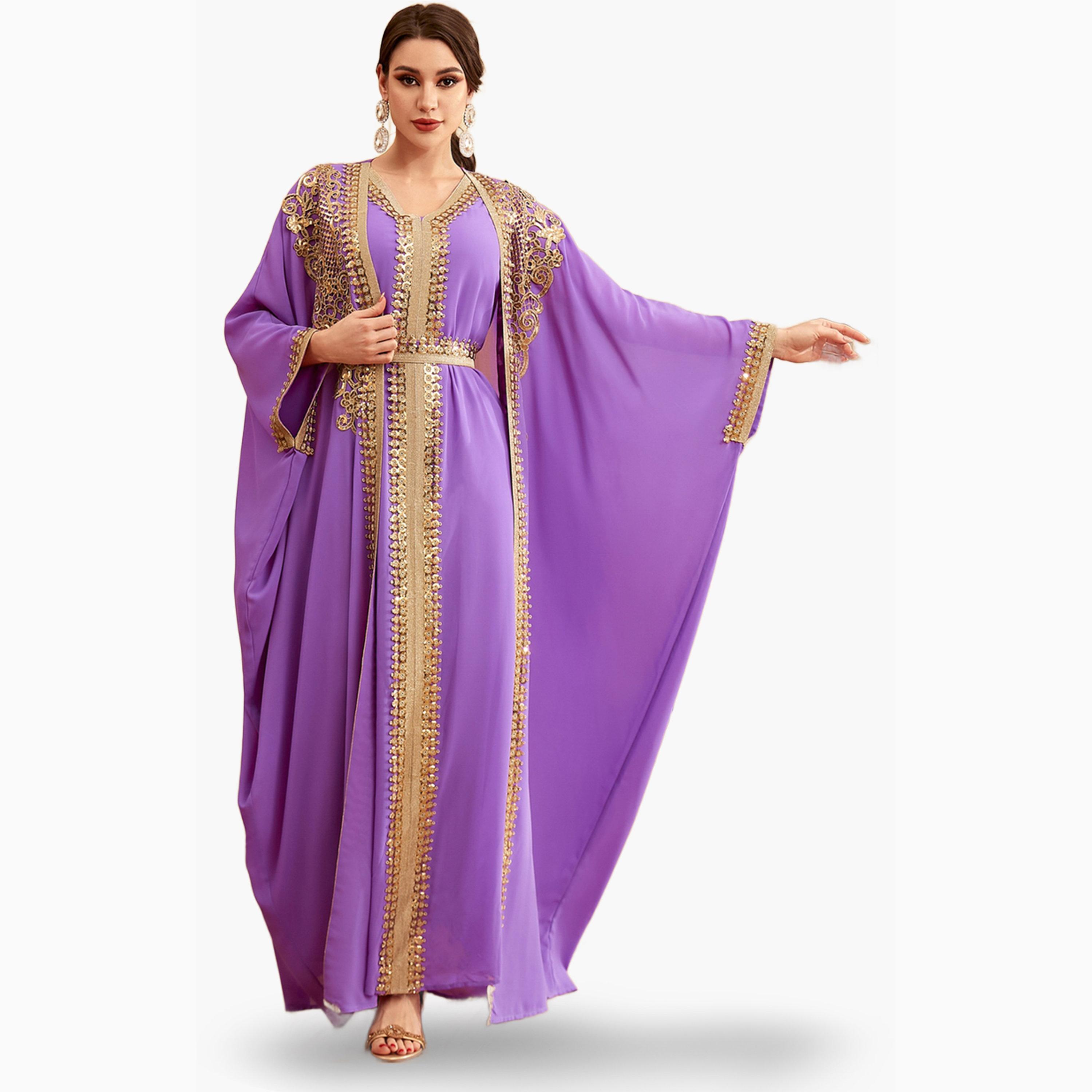 مجموعة من فستان بحزام وكيمونو بتفاصيل ترتر-women-arabicclothing-sets-image-5