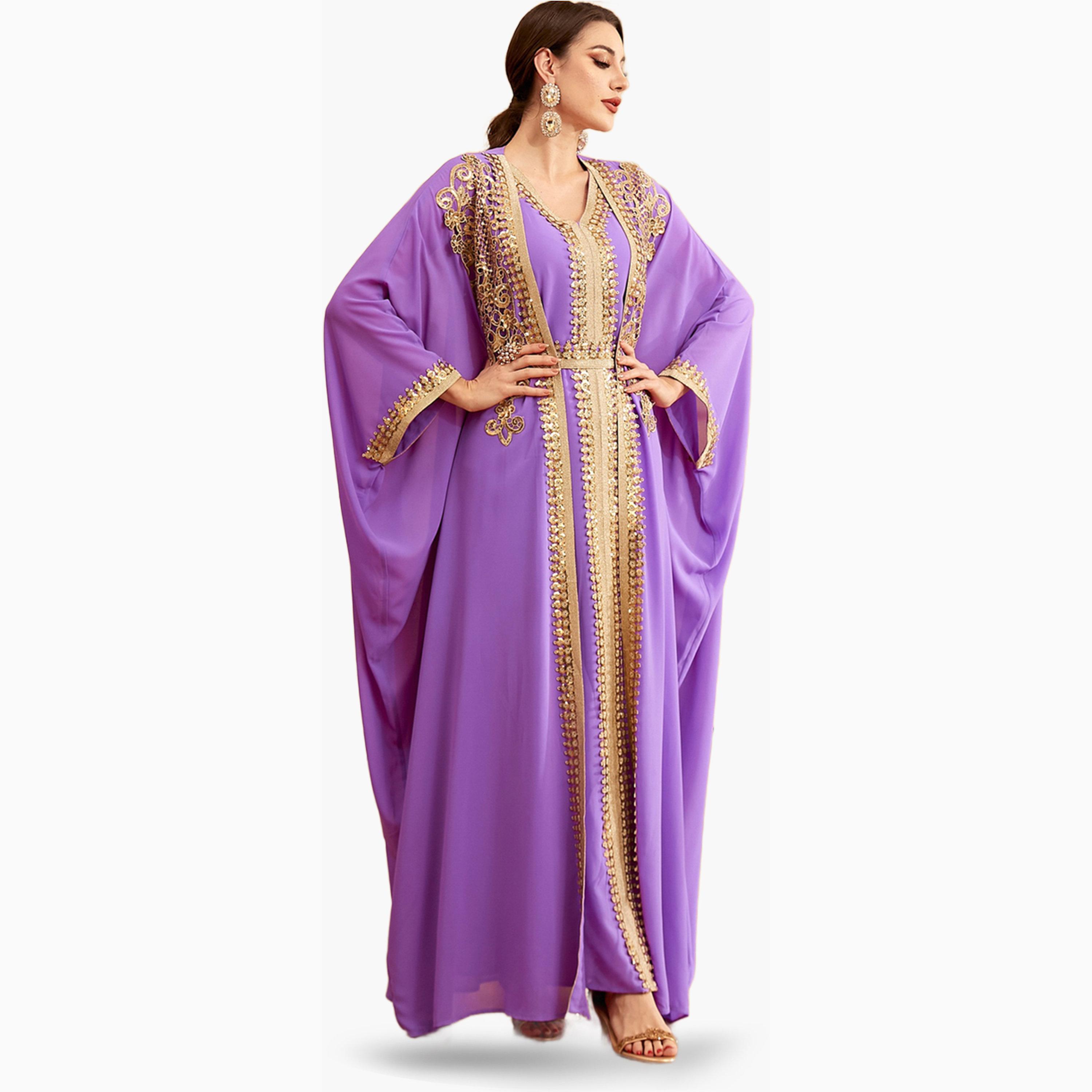 Take Two Purple Sequin Patch Detail Belted Dress with Kimono Set-women-arabicclothing-sets-image-6