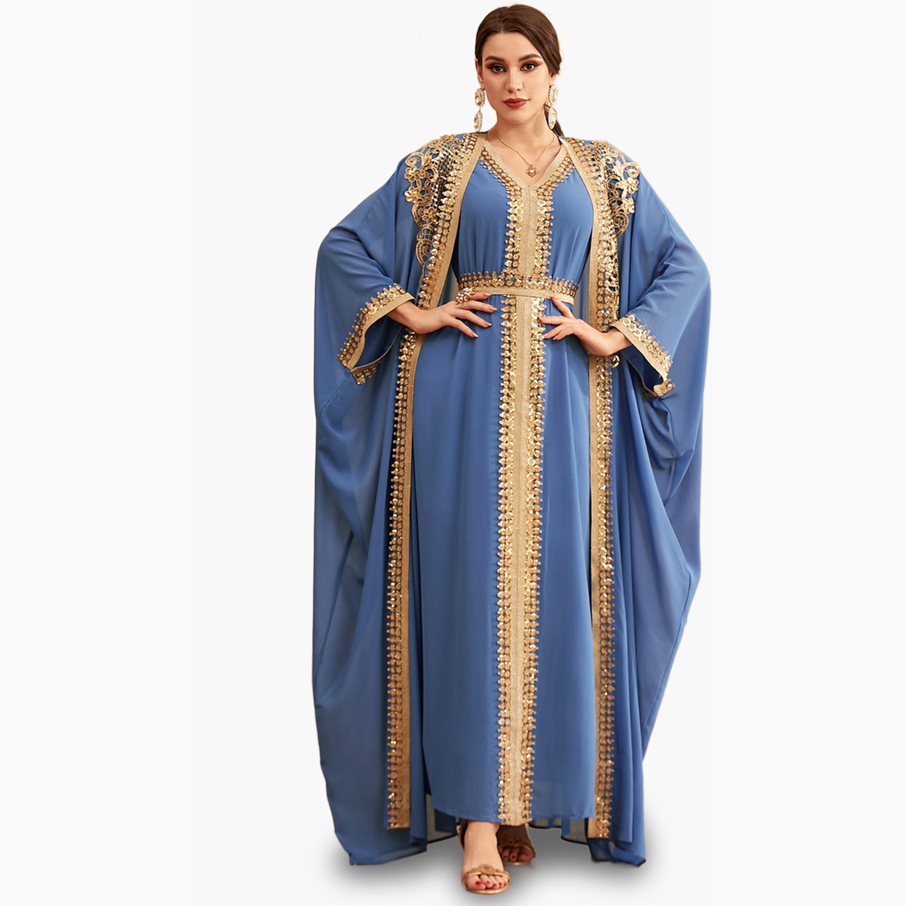 مجموعة من فستان بحزام وكيمونو بتفاصيل ترتر-women-arabicclothing-sets-image-1