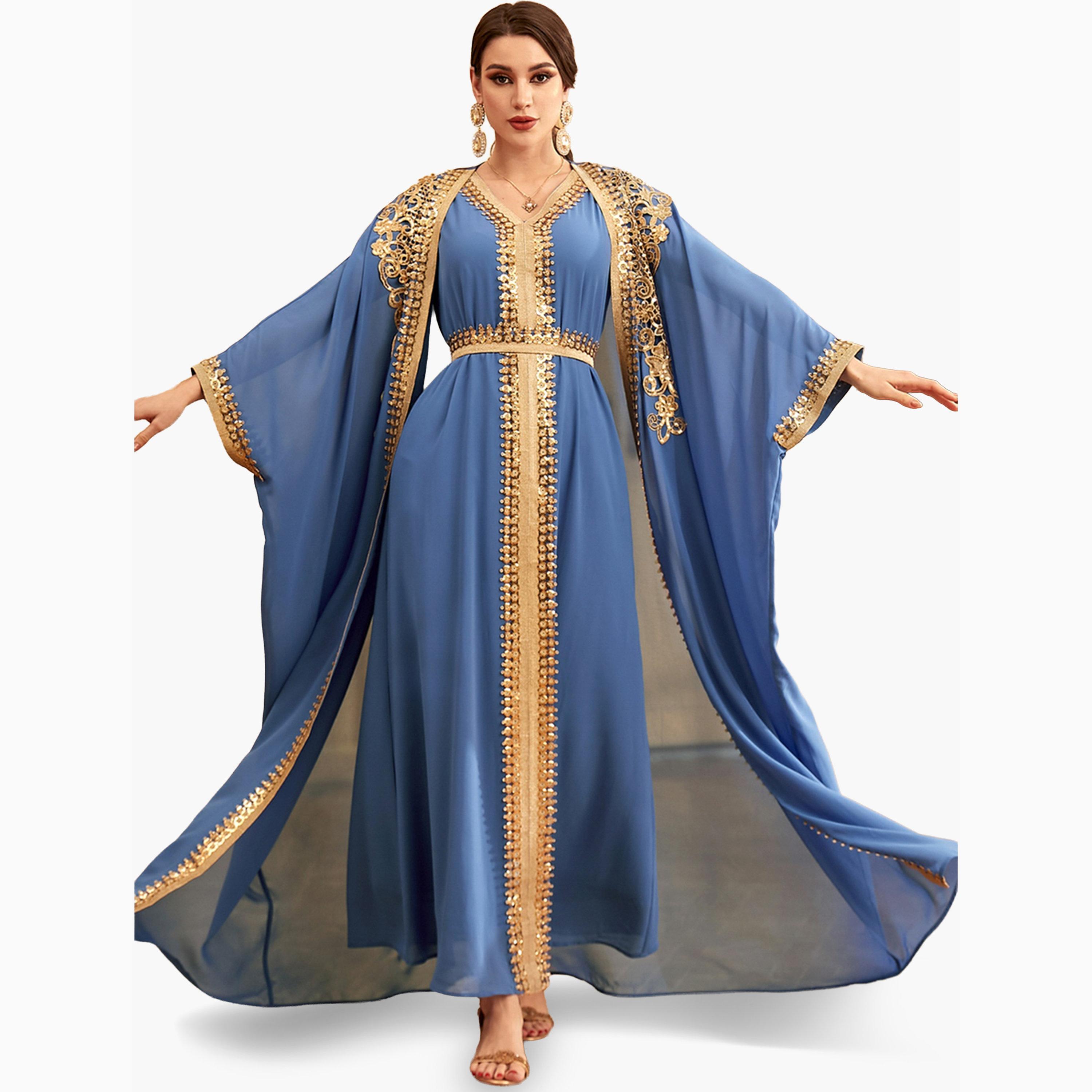Take Two Blue Sequin Patch Detail Belted Dress with Kimono Set-women-arabicclothing-sets-image-2