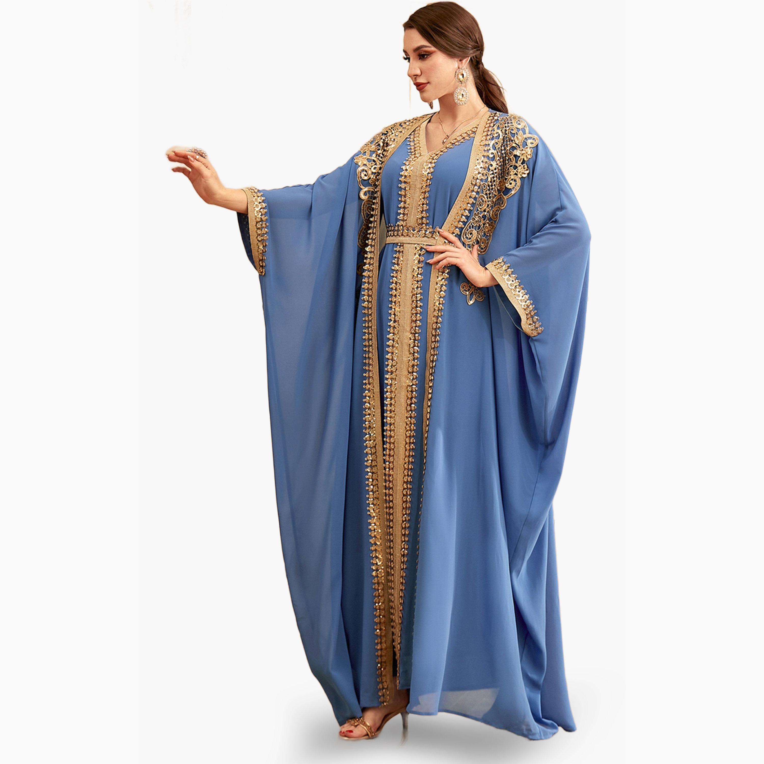Take Two Blue Sequin Patch Detail Belted Dress with Kimono Set-women-arabicclothing-sets-image-3