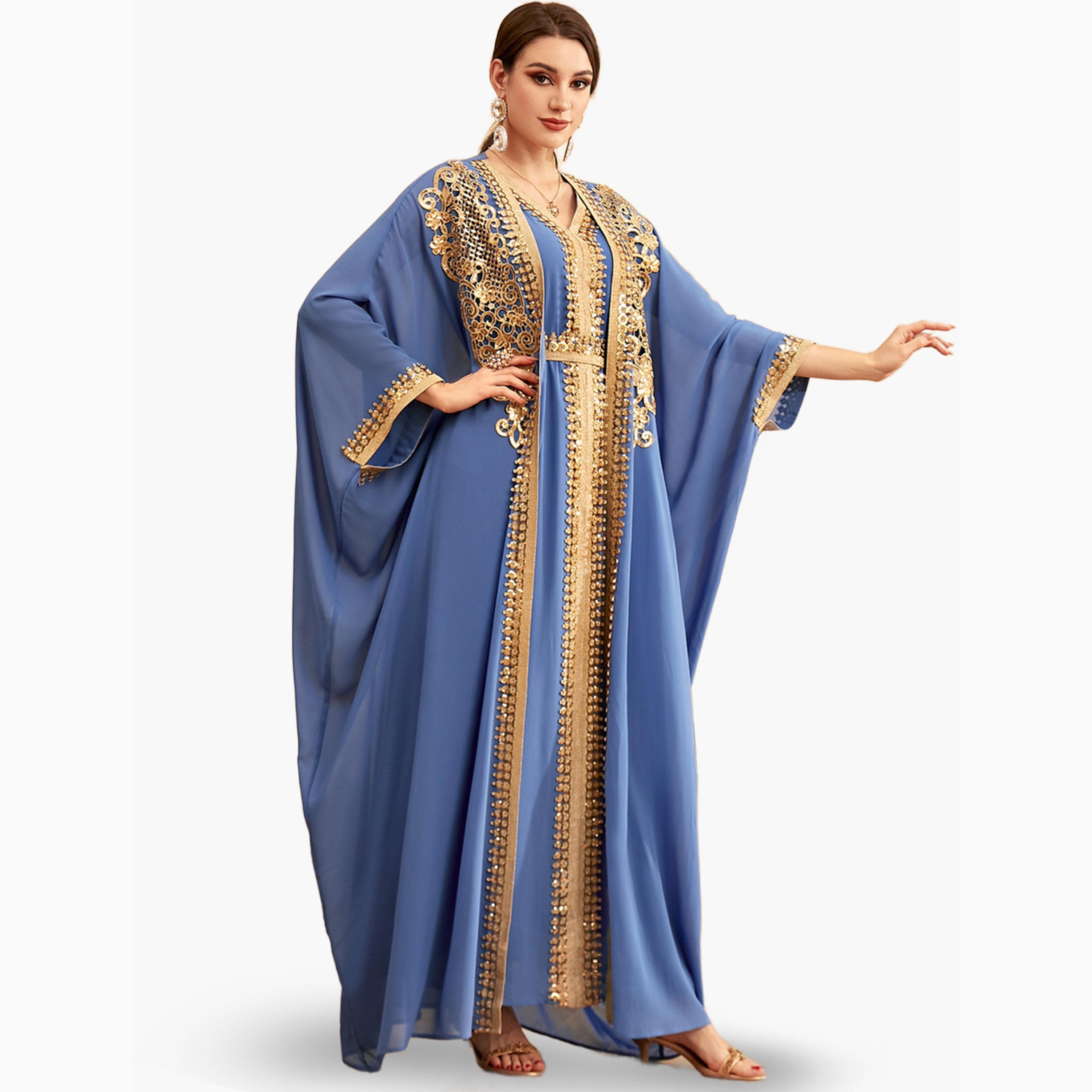 Take Two Blue Sequin Patch Detail Belted Dress with Kimono Set-women-arabicclothing-sets-image-4