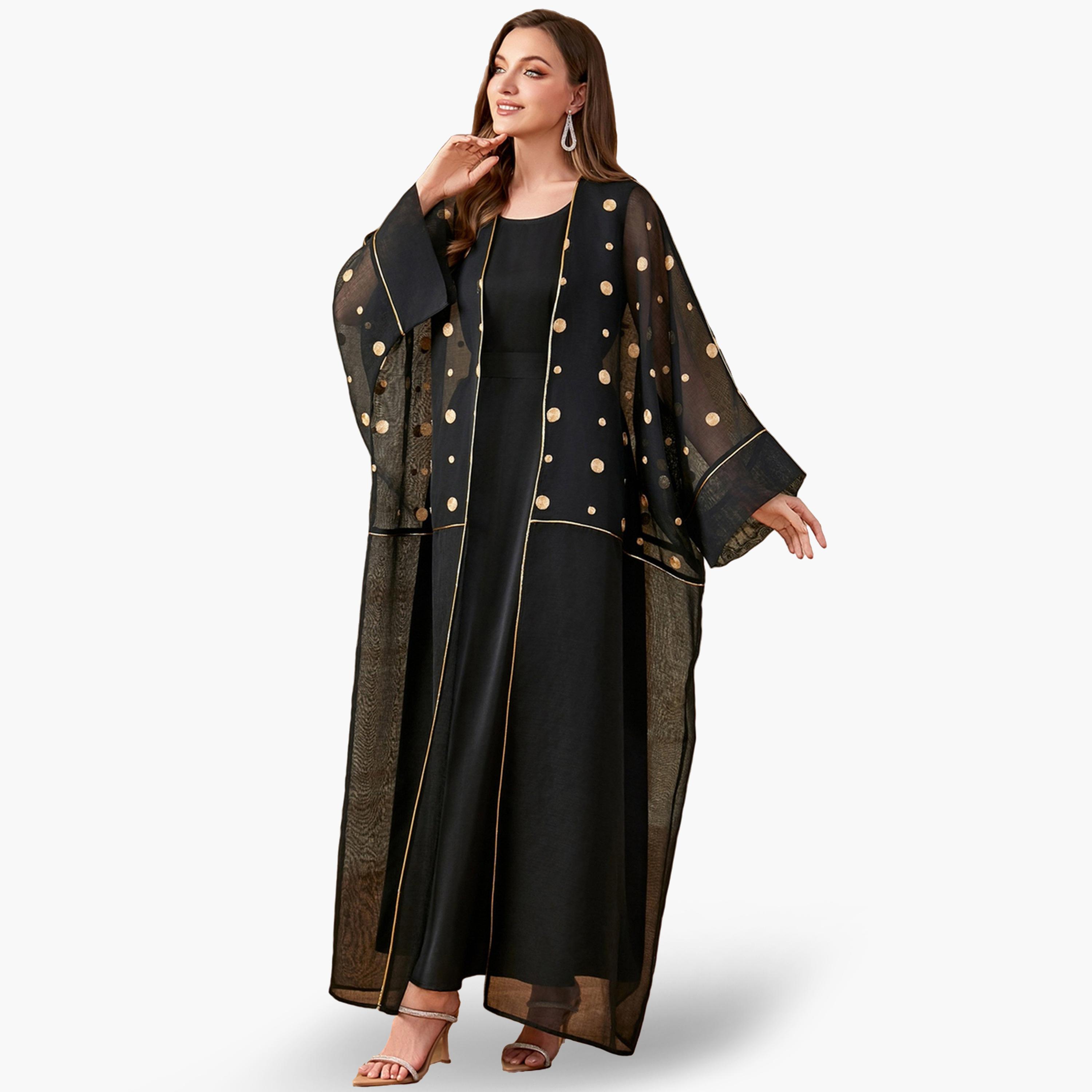 Take Two Women Polka Dots Embellished Dress with Abaya Set-women-arabicclothing-sets-image-1