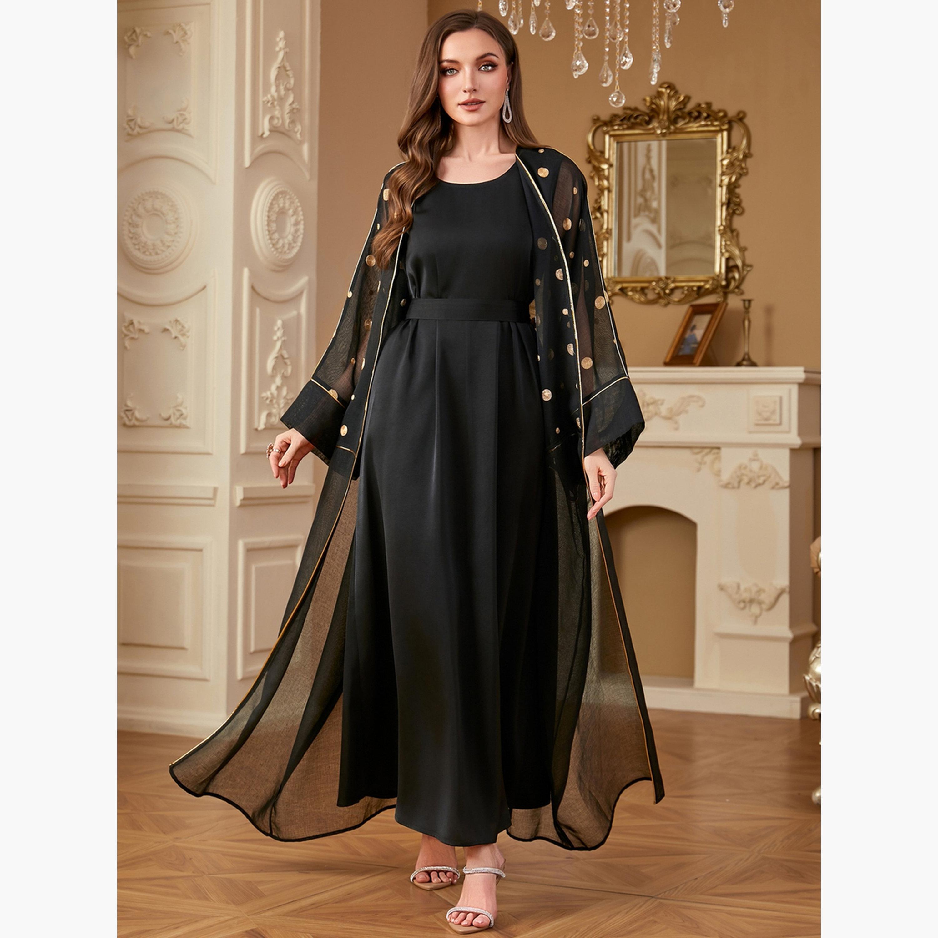 Take Two Women Polka Dots Embellished Dress with Abaya Set-women-arabicclothing-sets-image-2