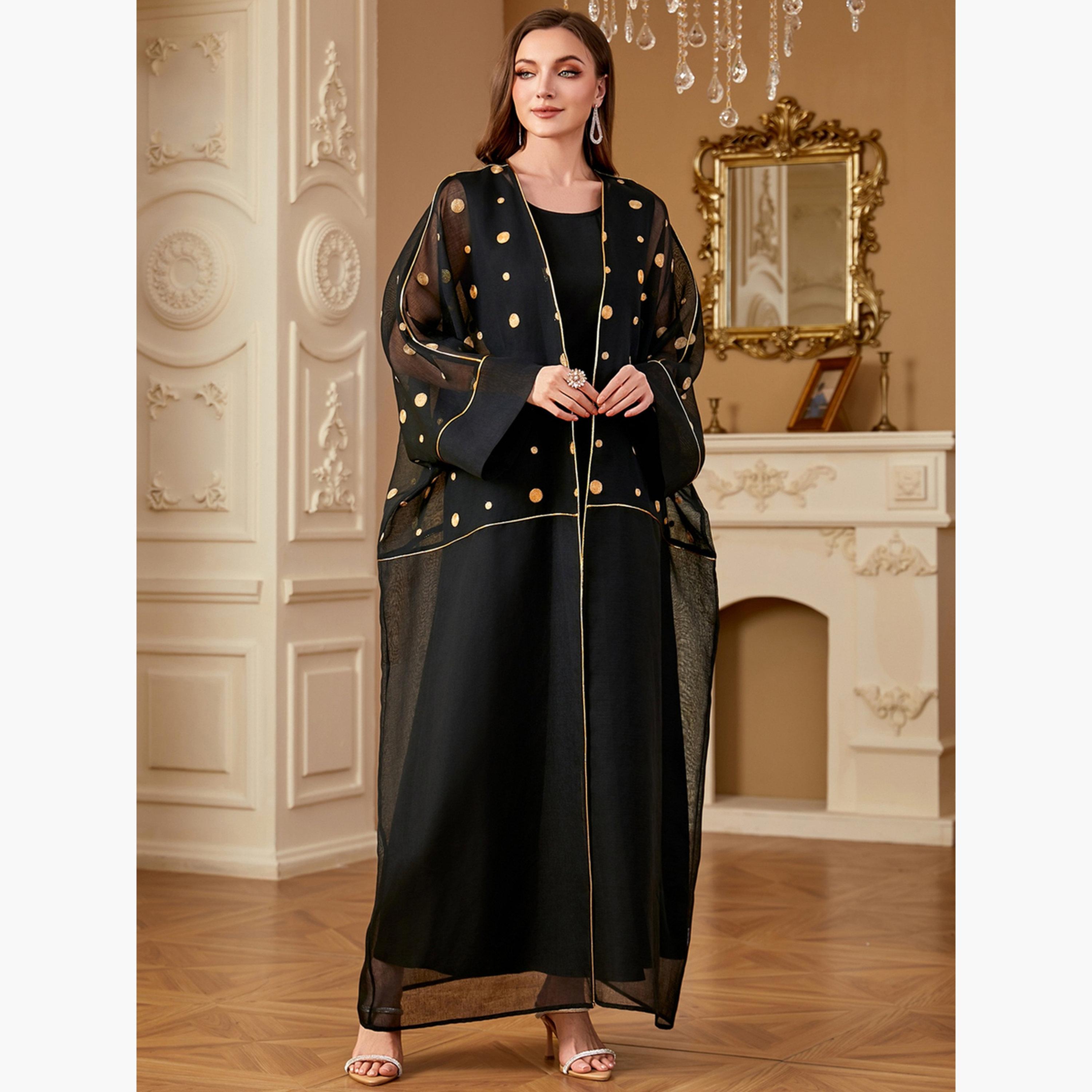 طقم فستان مزين بنقاط بولكا مع كيمونو-women-arabicclothing-sets-image-3