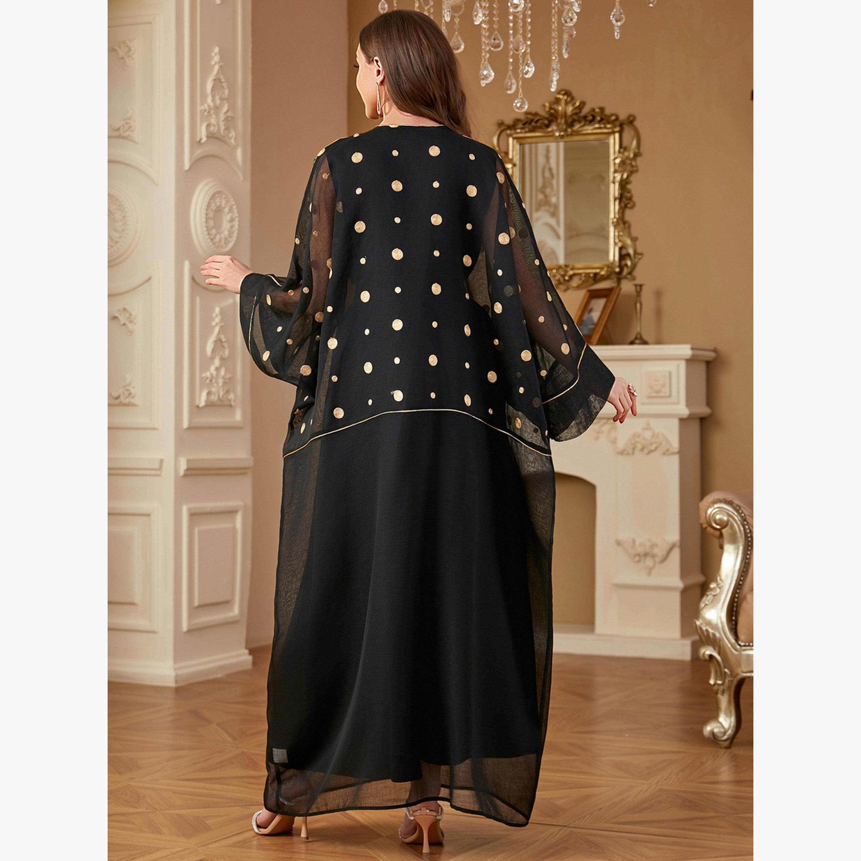 طقم فستان مزين بنقاط بولكا مع كيمونو-women-arabicclothing-sets-image-4