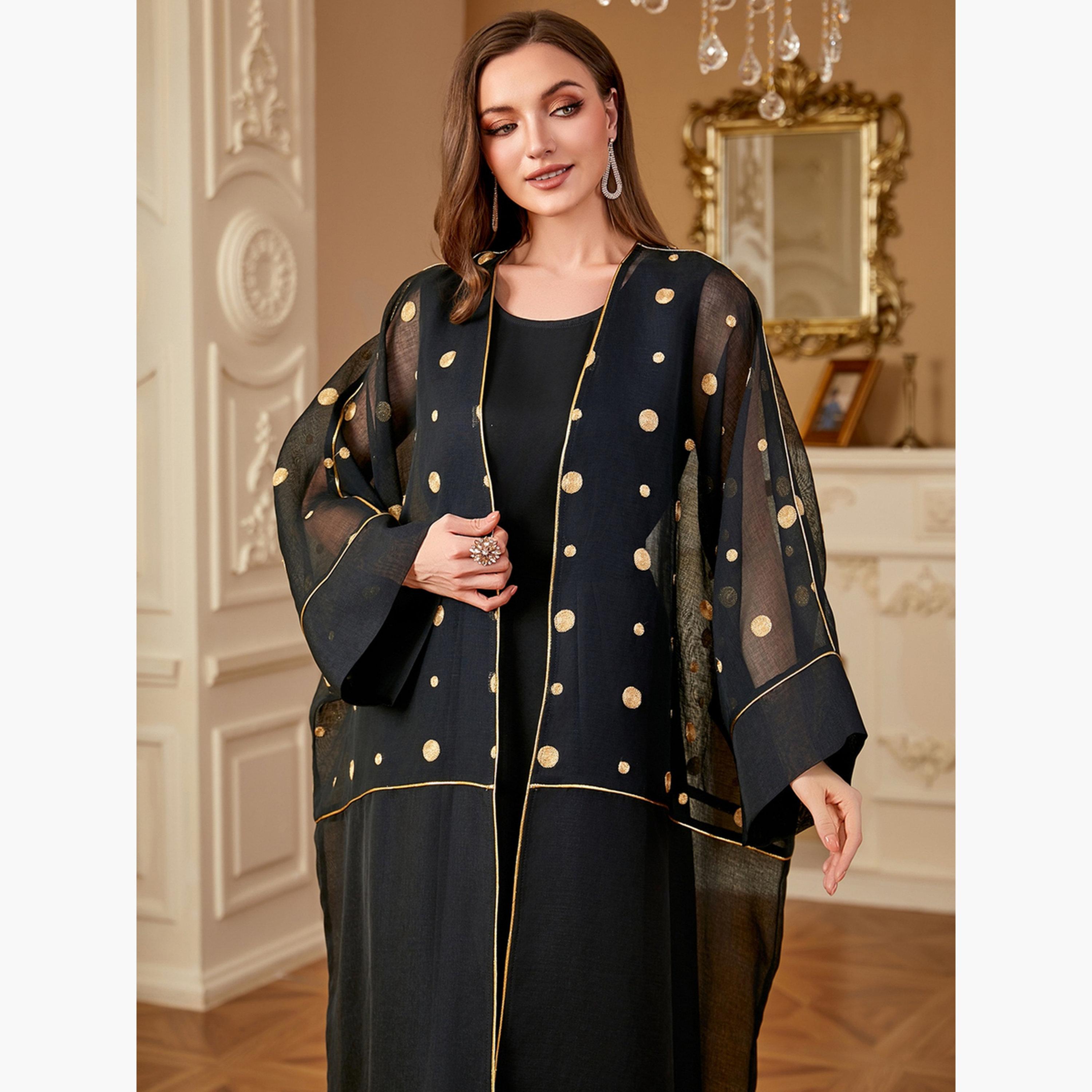 طقم فستان مزين بنقاط بولكا مع كيمونو-women-arabicclothing-sets-image-5