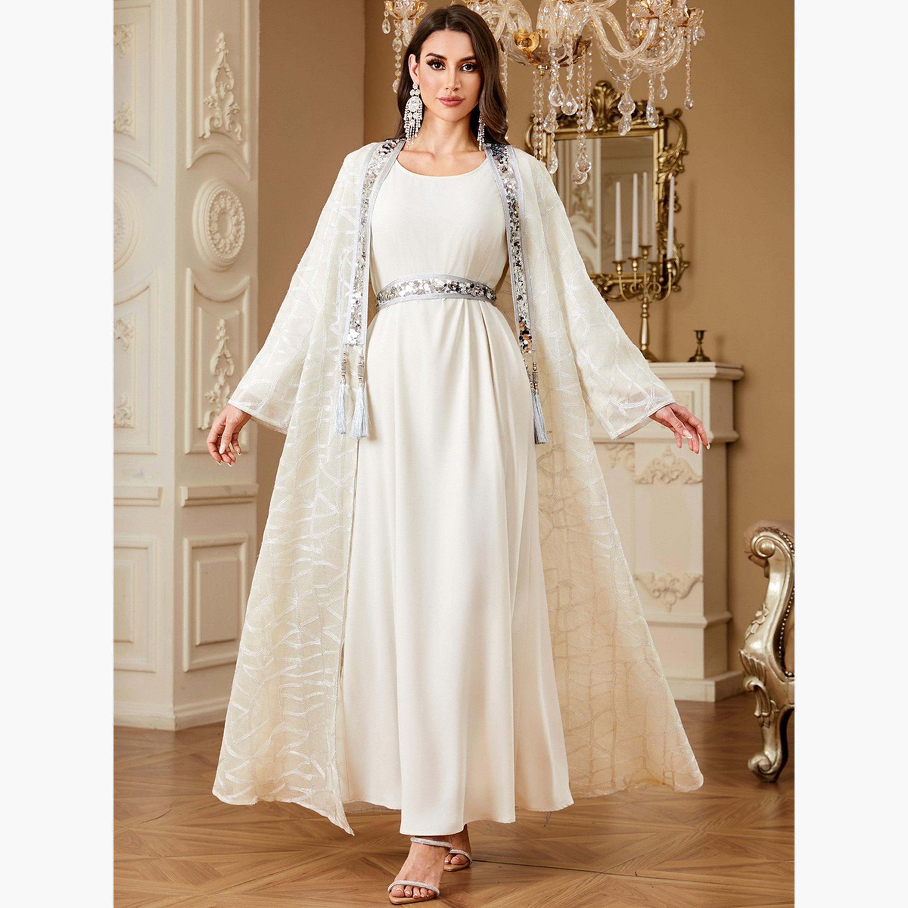 طقم محتشم كيمونو وفستان بنسيج بارز وترتر-women-arabicclothing-sets-image-2