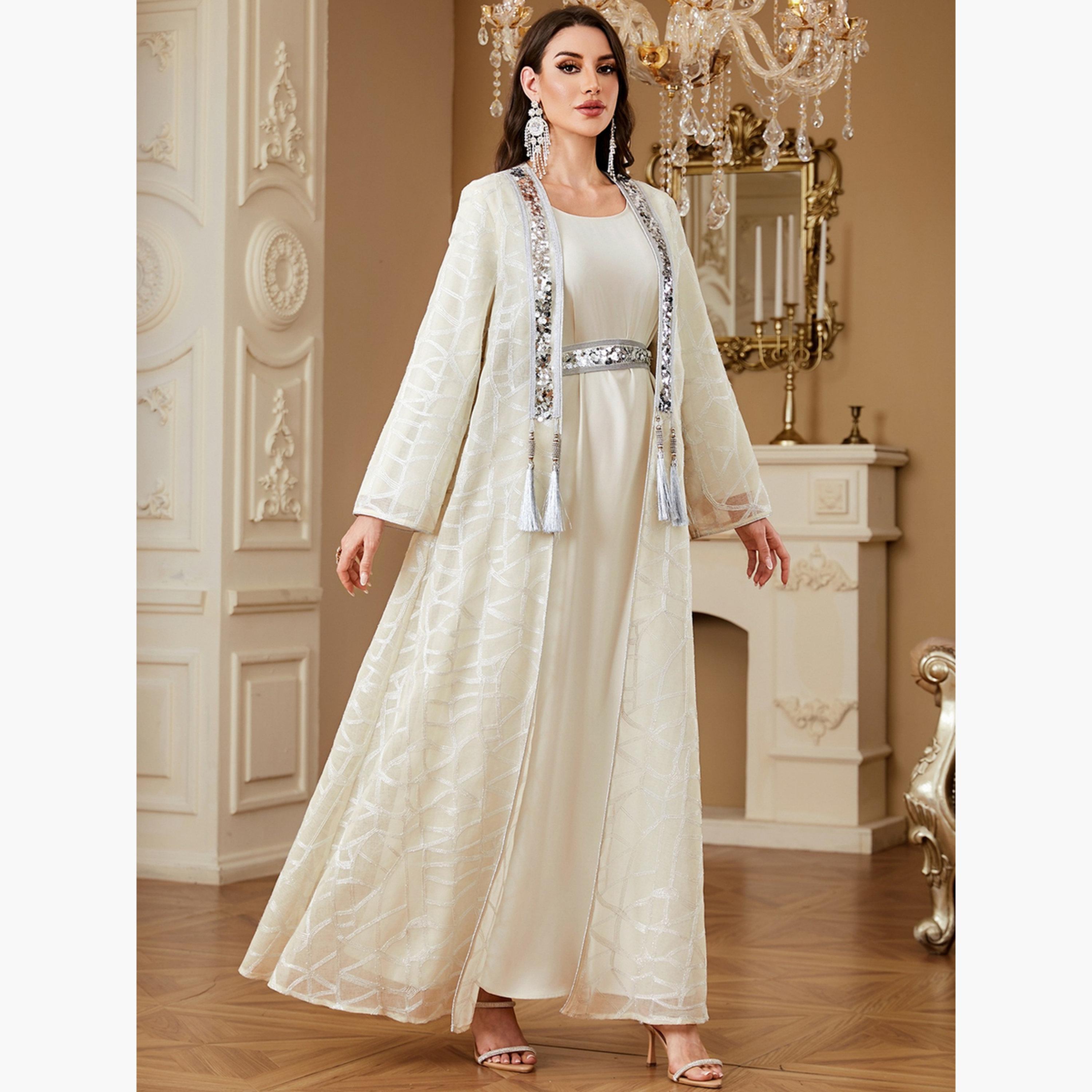 طقم محتشم كيمونو وفستان بنسيج بارز وترتر-women-arabicclothing-sets-image-3