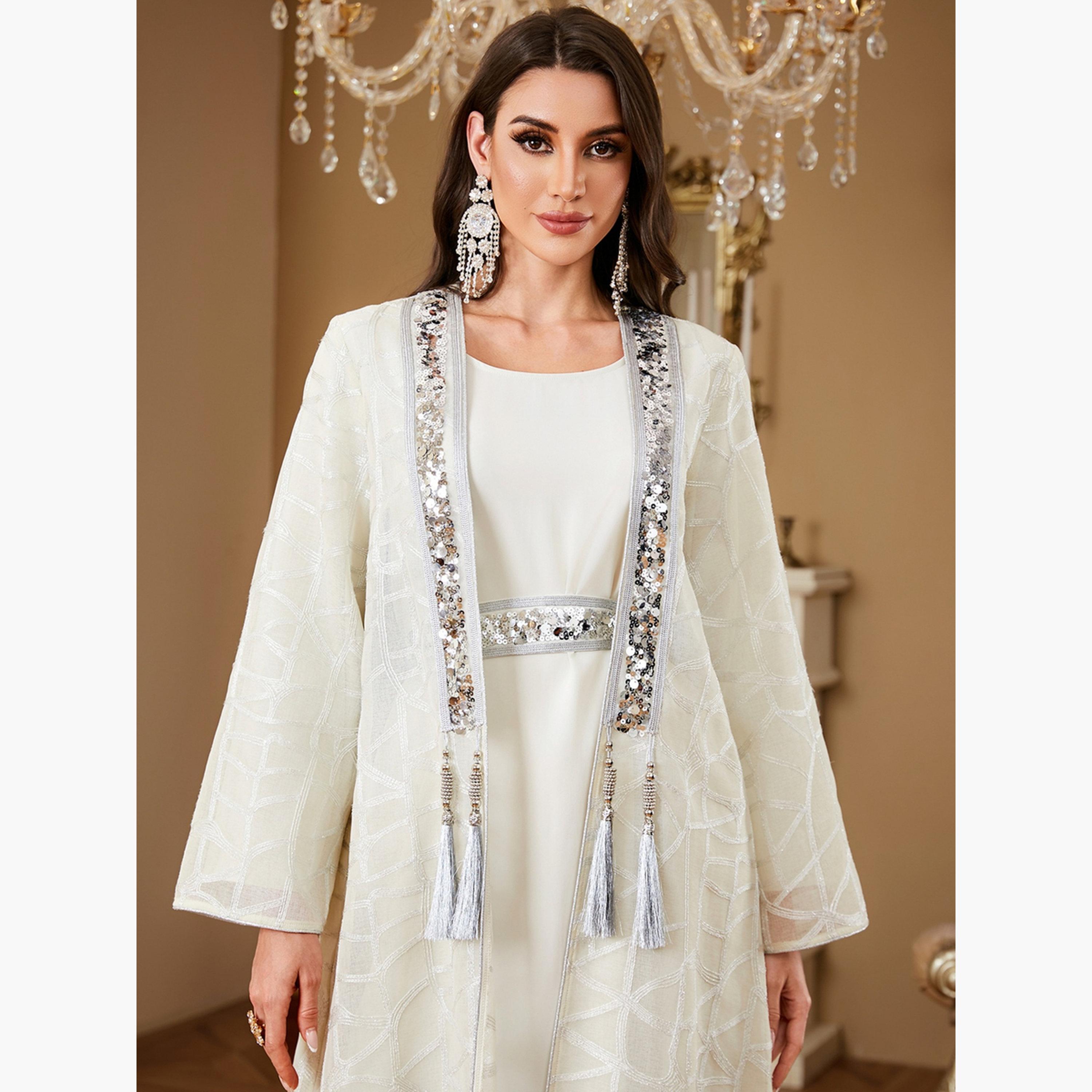طقم محتشم كيمونو وفستان بنسيج بارز وترتر-women-arabicclothing-sets-image-4