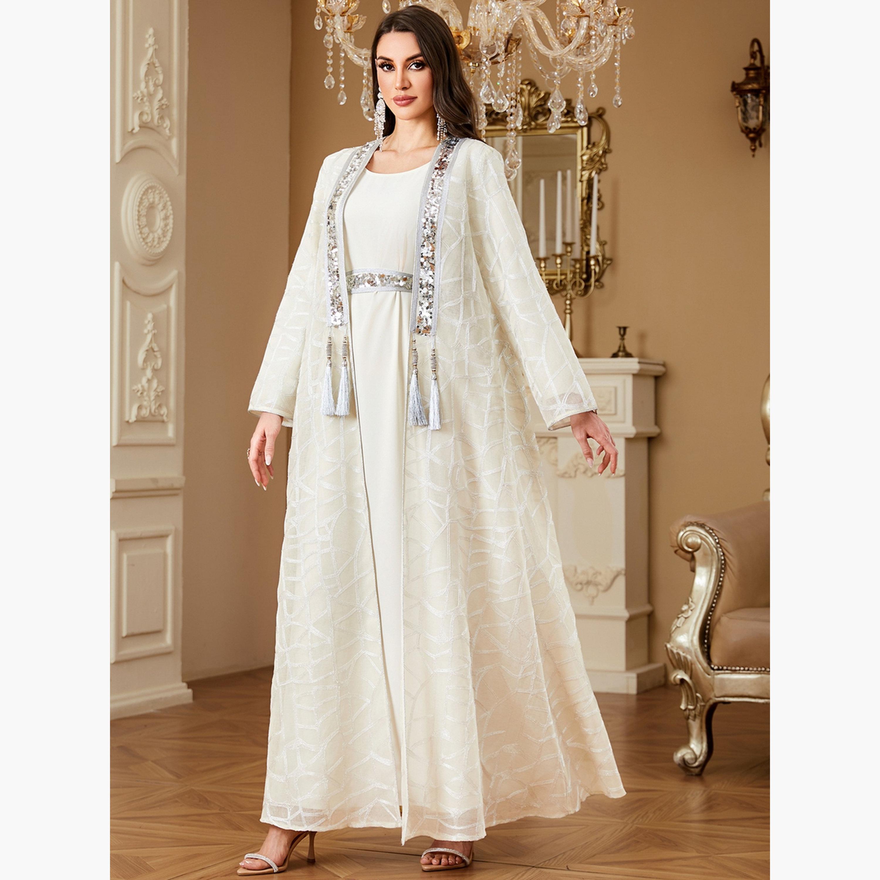 طقم محتشم كيمونو وفستان بنسيج بارز وترتر-women-arabicclothing-sets-image-6