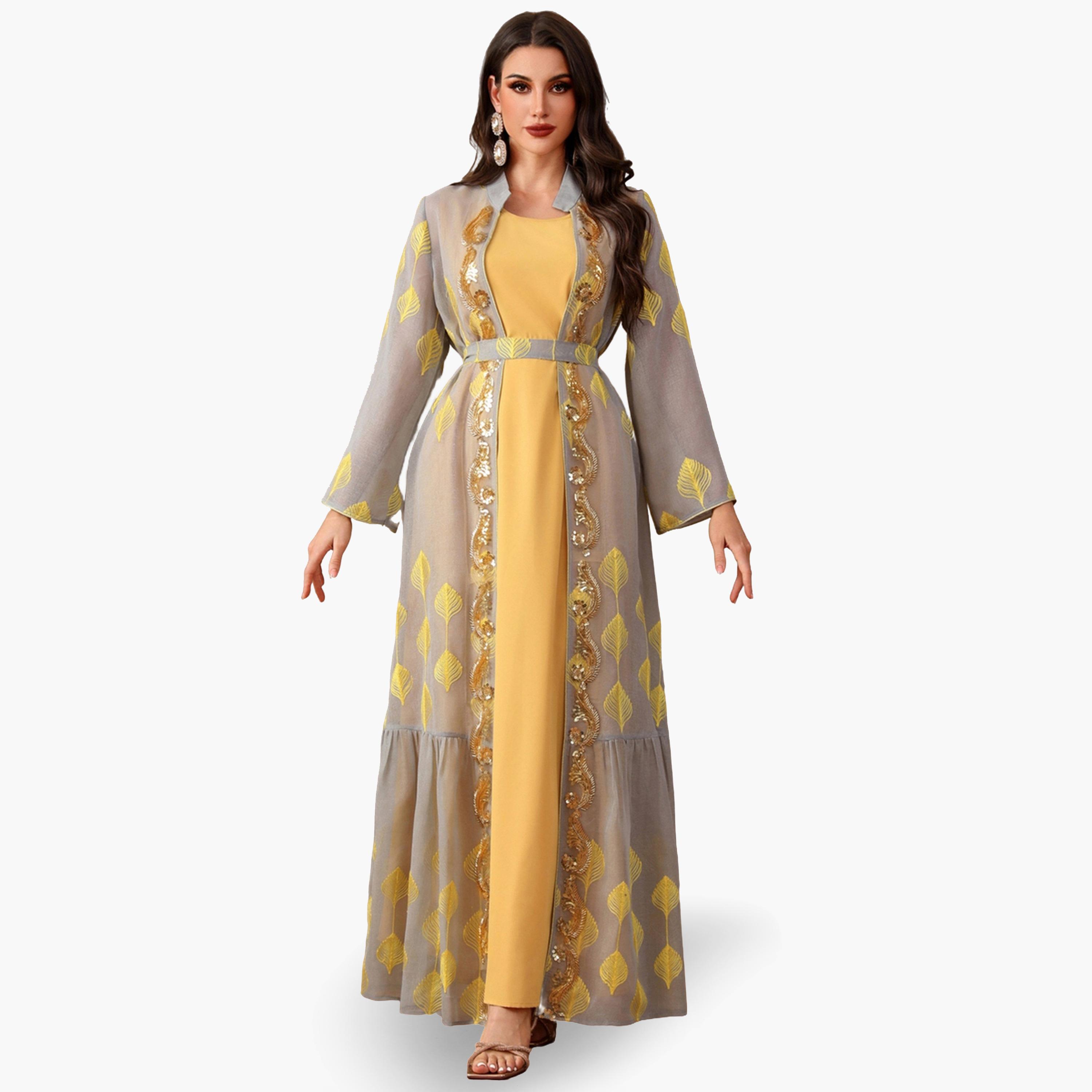 Take Two Women Sequin Patch Detail Belted kimono with Dress Set-women-arabicclothing-sets-image-1