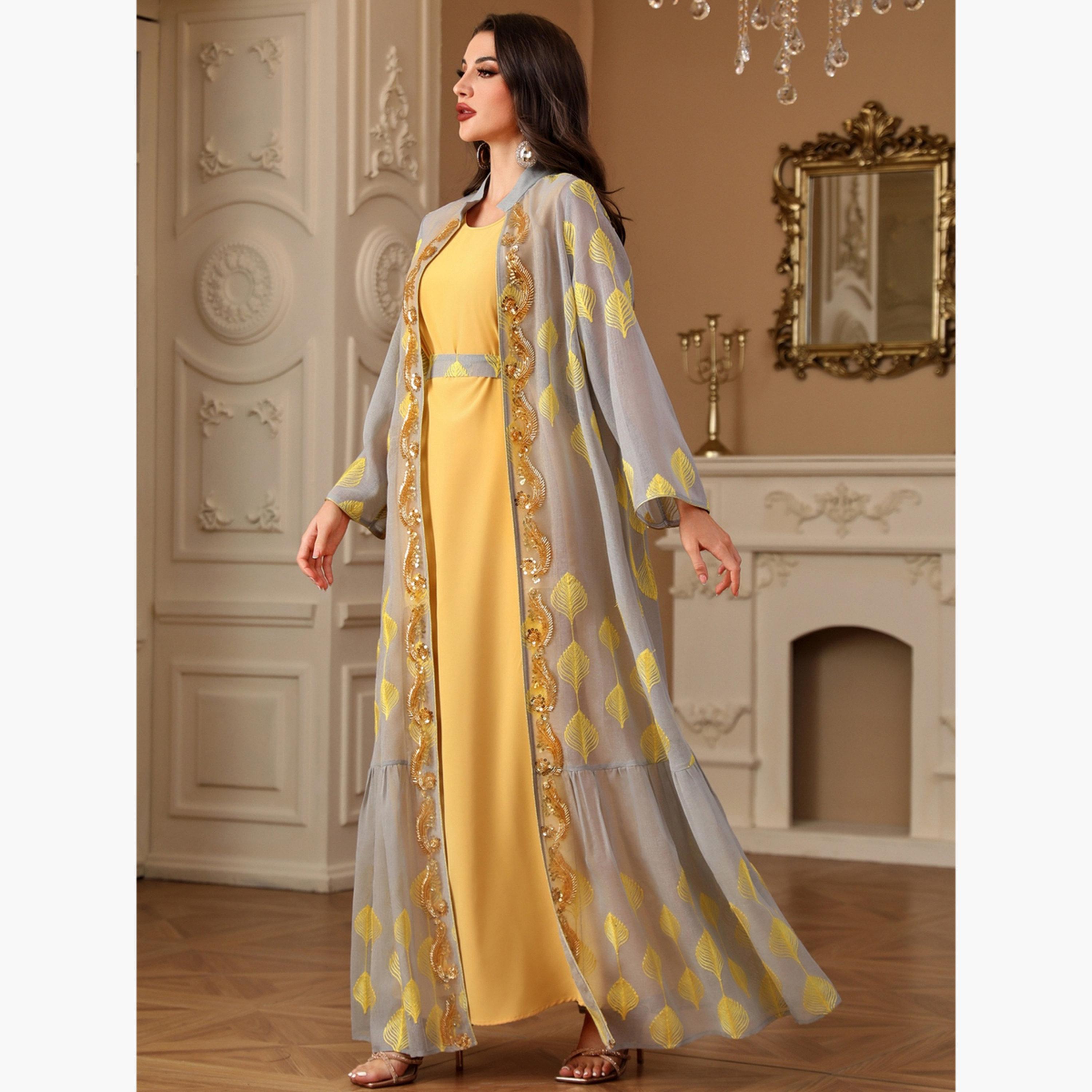 Take Two Women Sequin Patch Detail Belted kimono with Dress Set-women-arabicclothing-sets-image-2