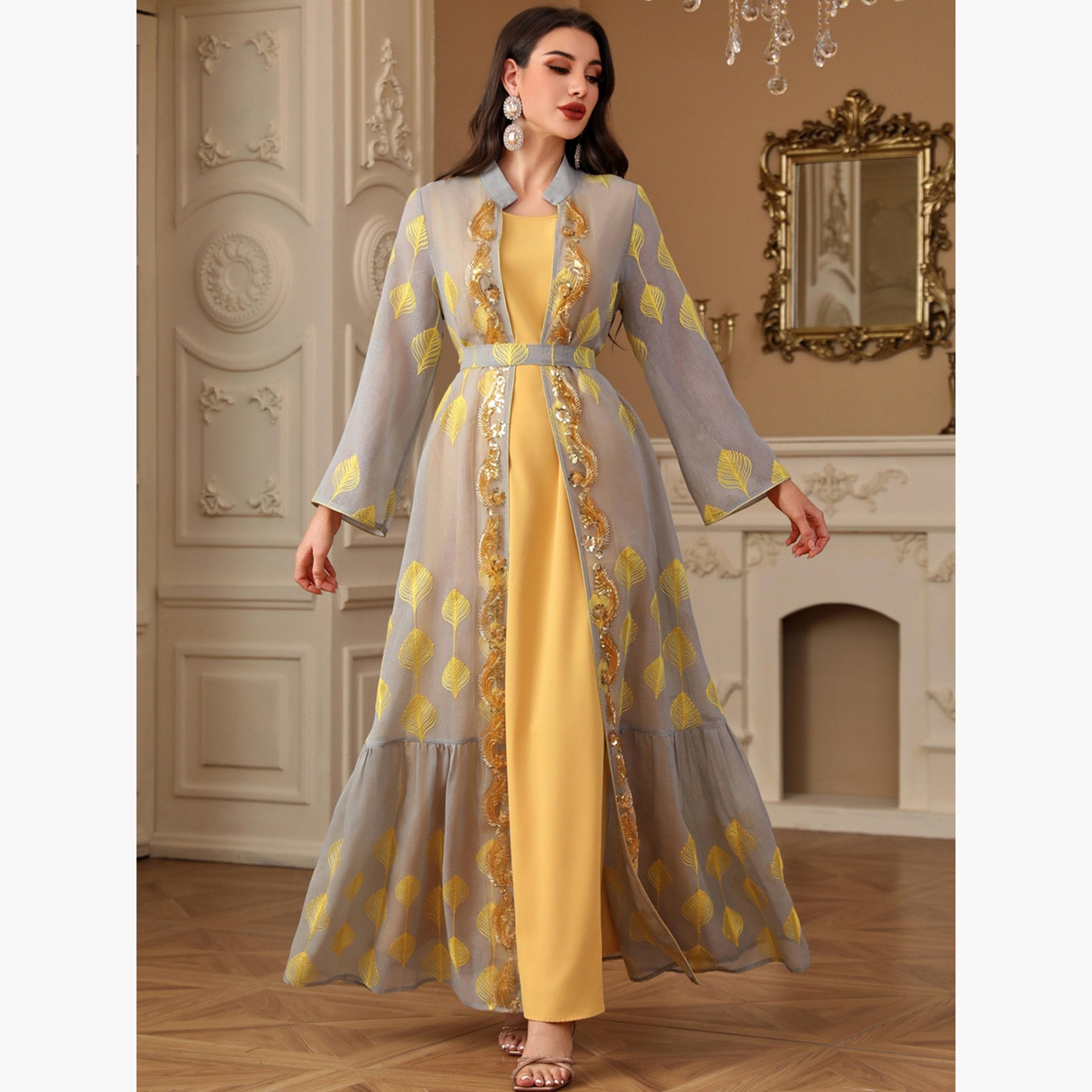 Take Two Women Sequin Patch Detail Belted kimono with Dress Set-women-arabicclothing-sets-image-5