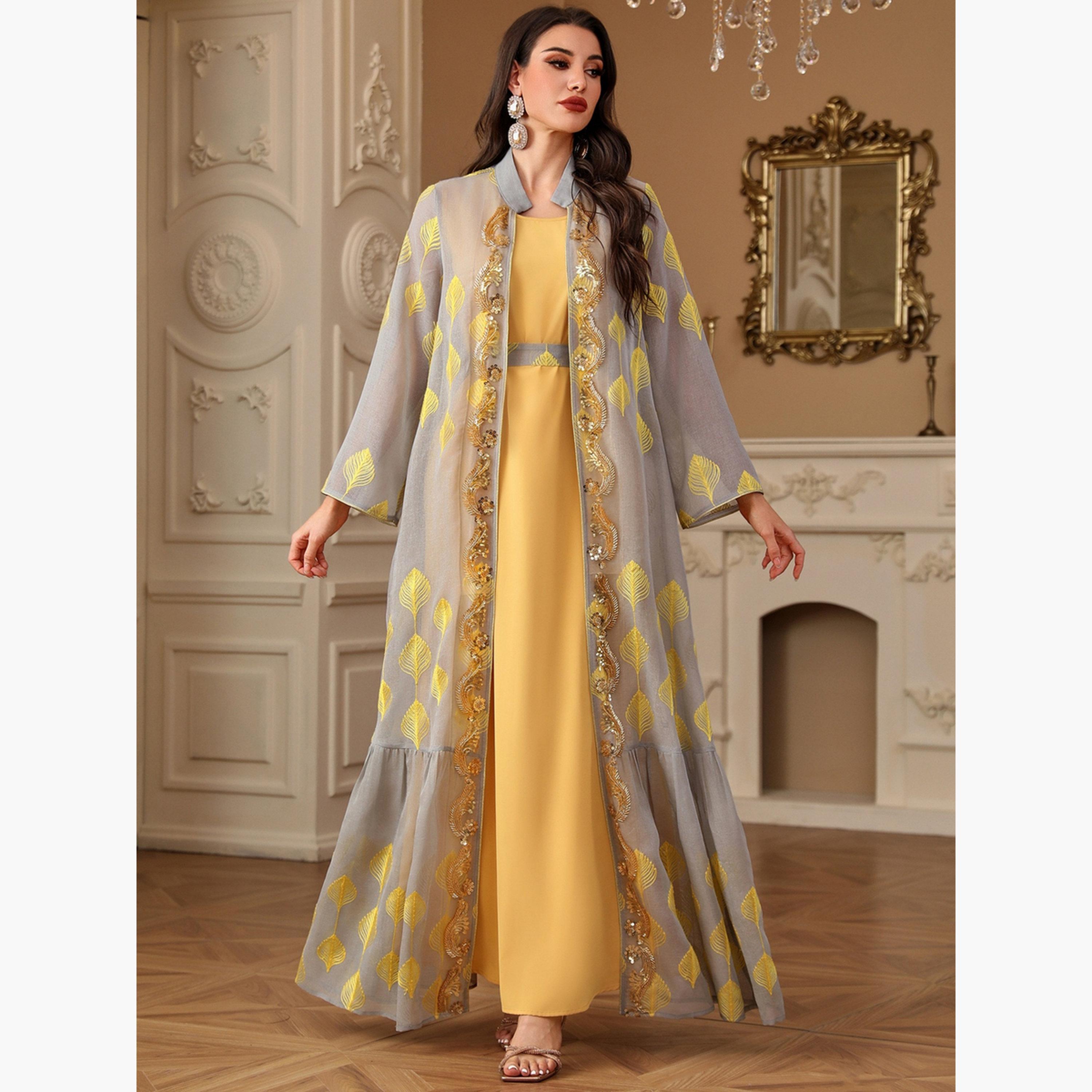 Take Two Women Sequin Patch Detail Belted kimono with Dress Set-women-arabicclothing-sets-image-6