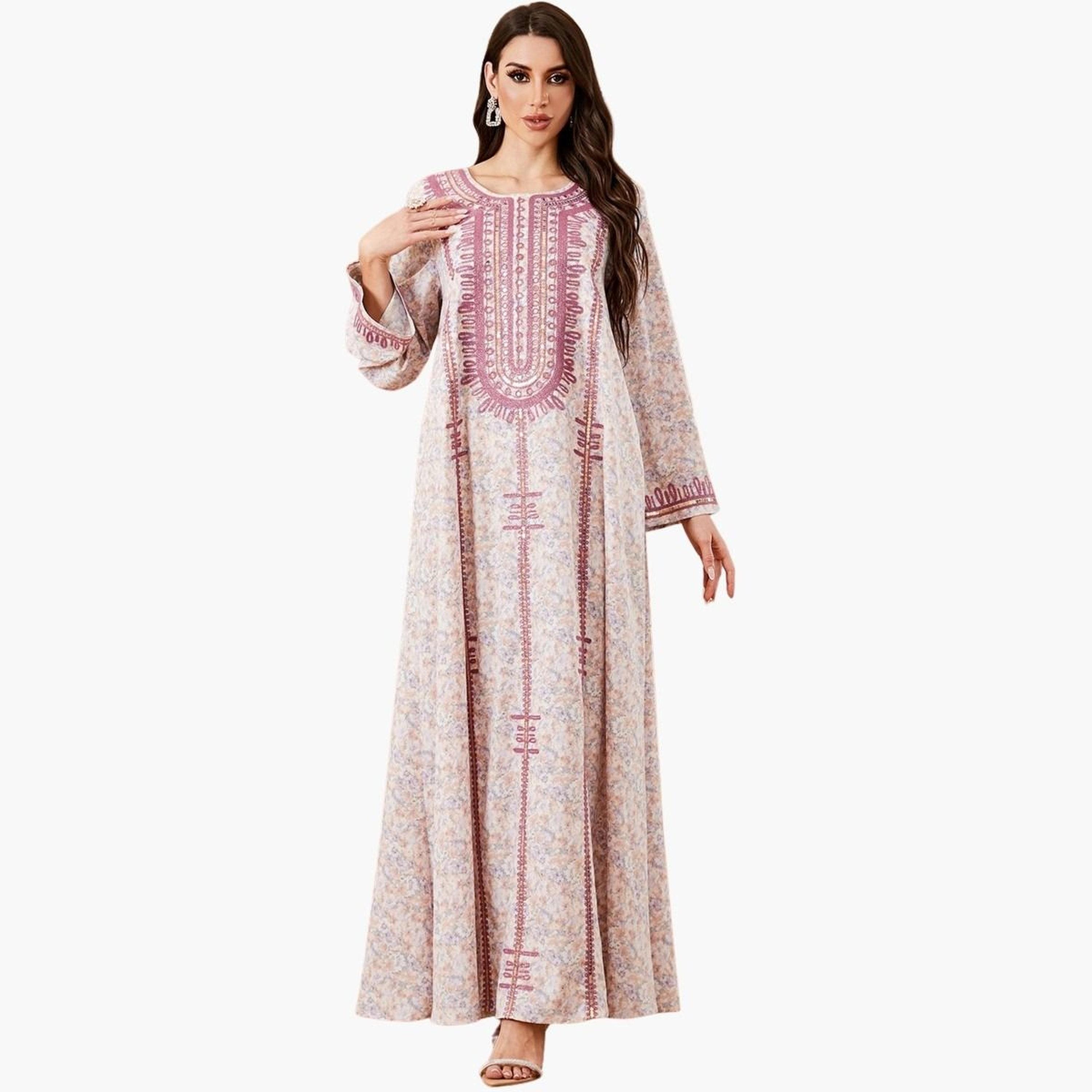 جلابية بتفاصيل مطرزة وطبعة زهور مع حجاب-women-arabicclothing-jalabiyas-image-1