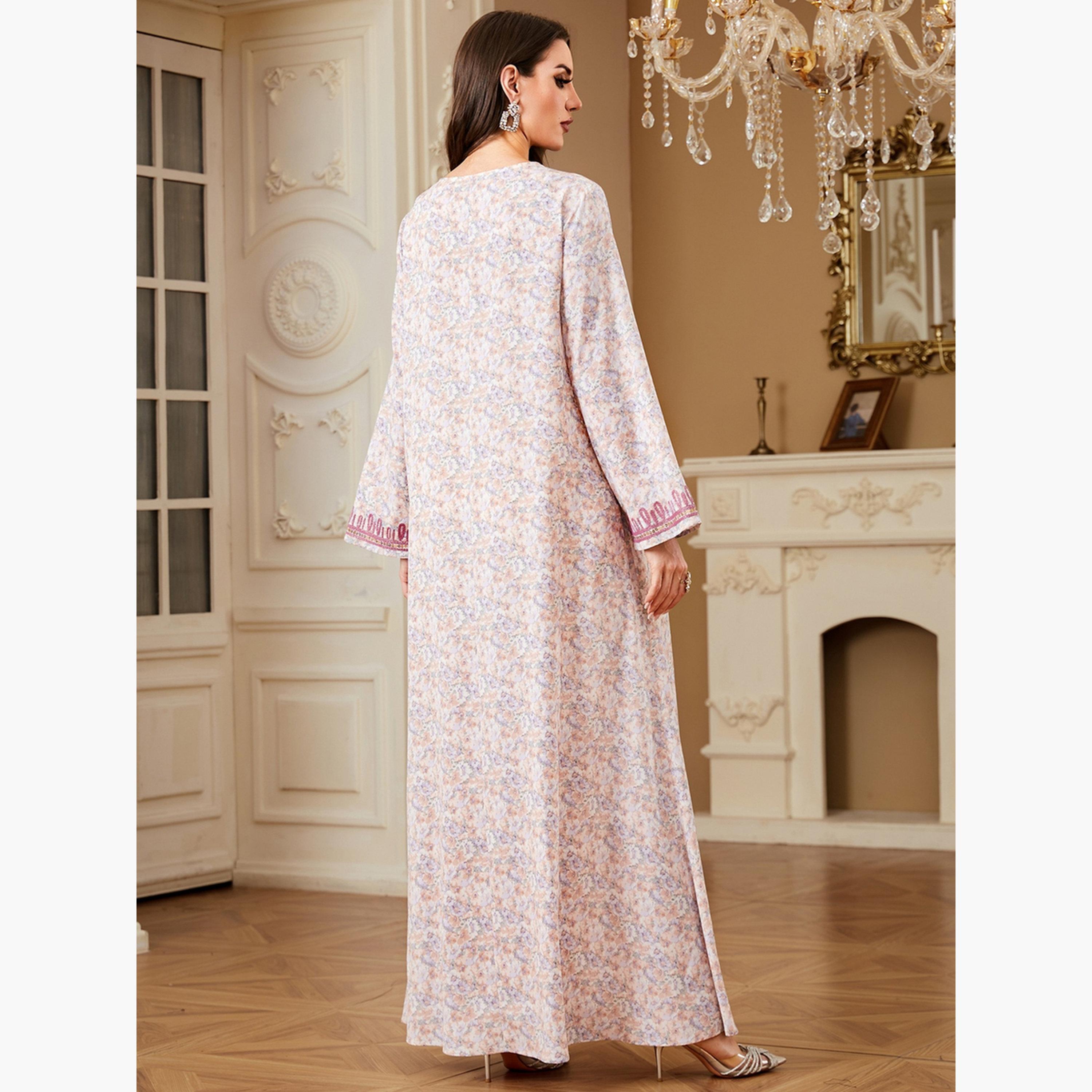 جلابية بتفاصيل مطرزة وطبعة زهور مع حجاب-women-arabicclothing-jalabiyas-image-3