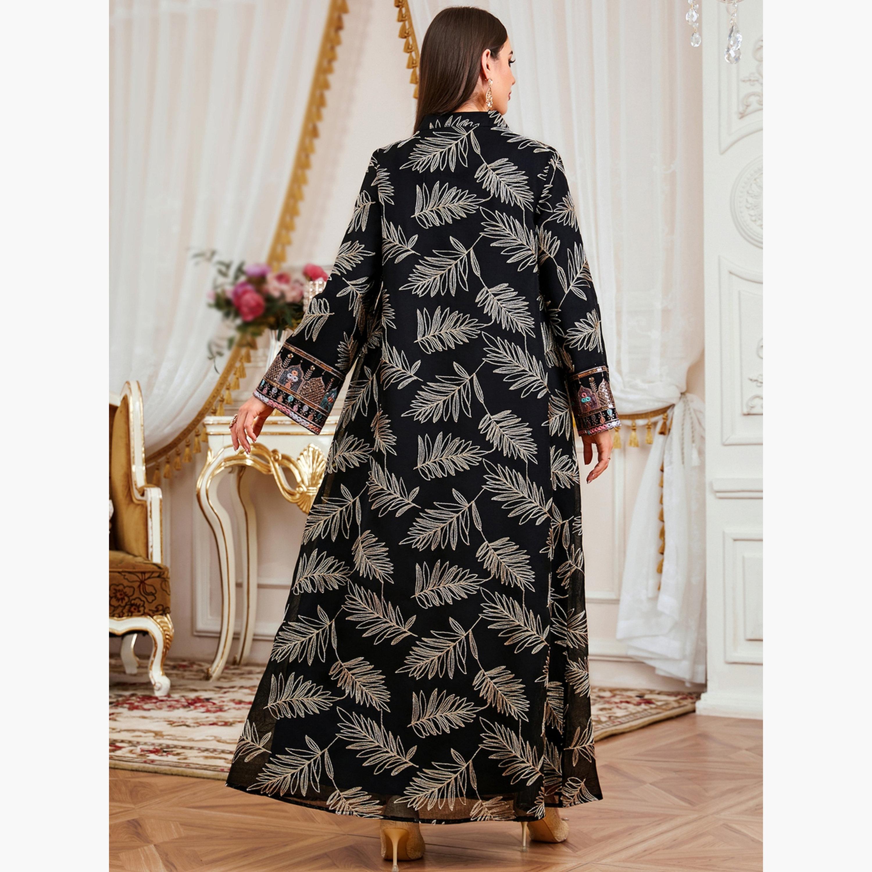 جلابية نسائية بياقة مع رقعة ترتر بارزة الملمس-women-arabicclothing-jalabiyas-image-4