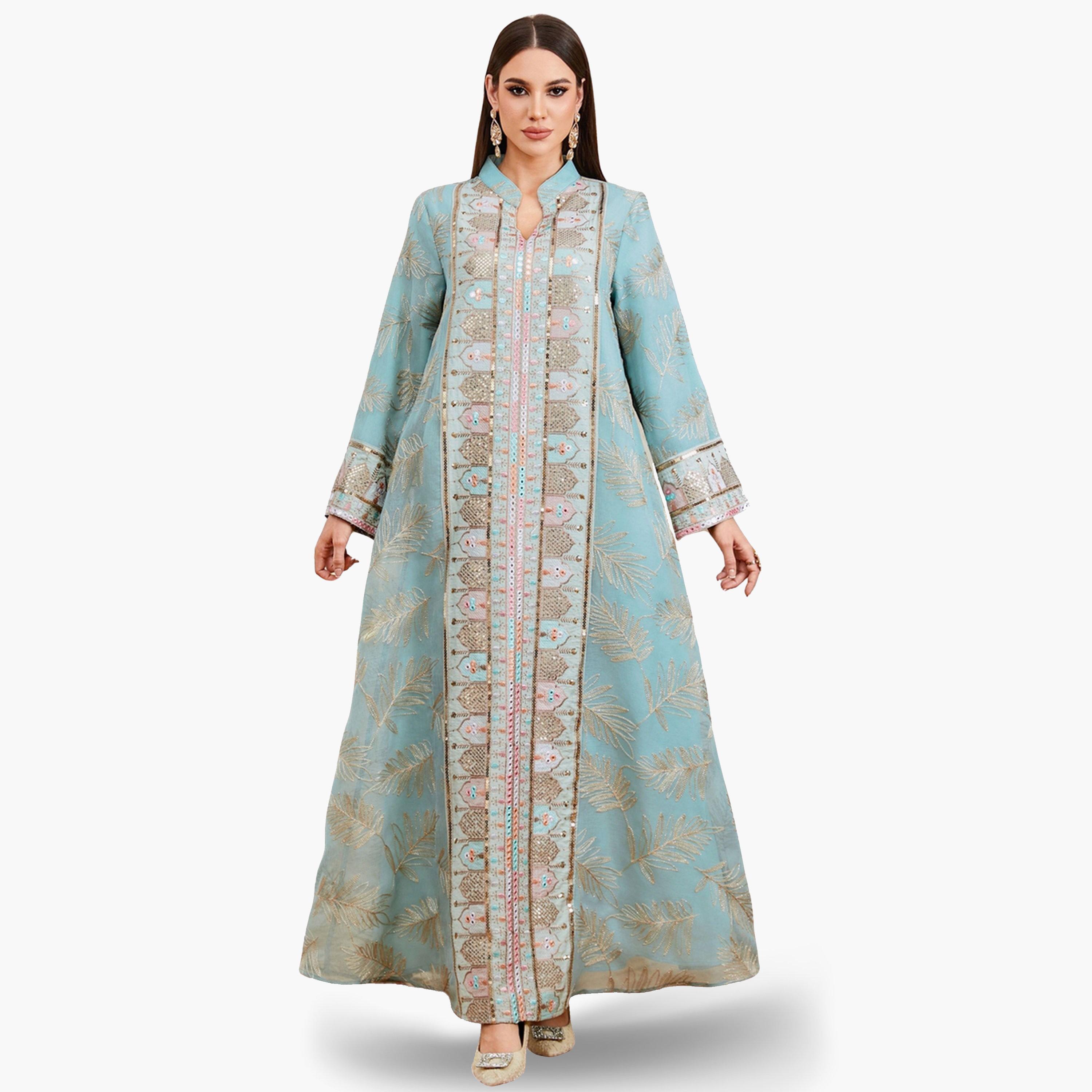جلابية نسائية بياقة مع رقعة ترتر بارزة الملمس-women-arabicclothing-jalabiyas-image-1