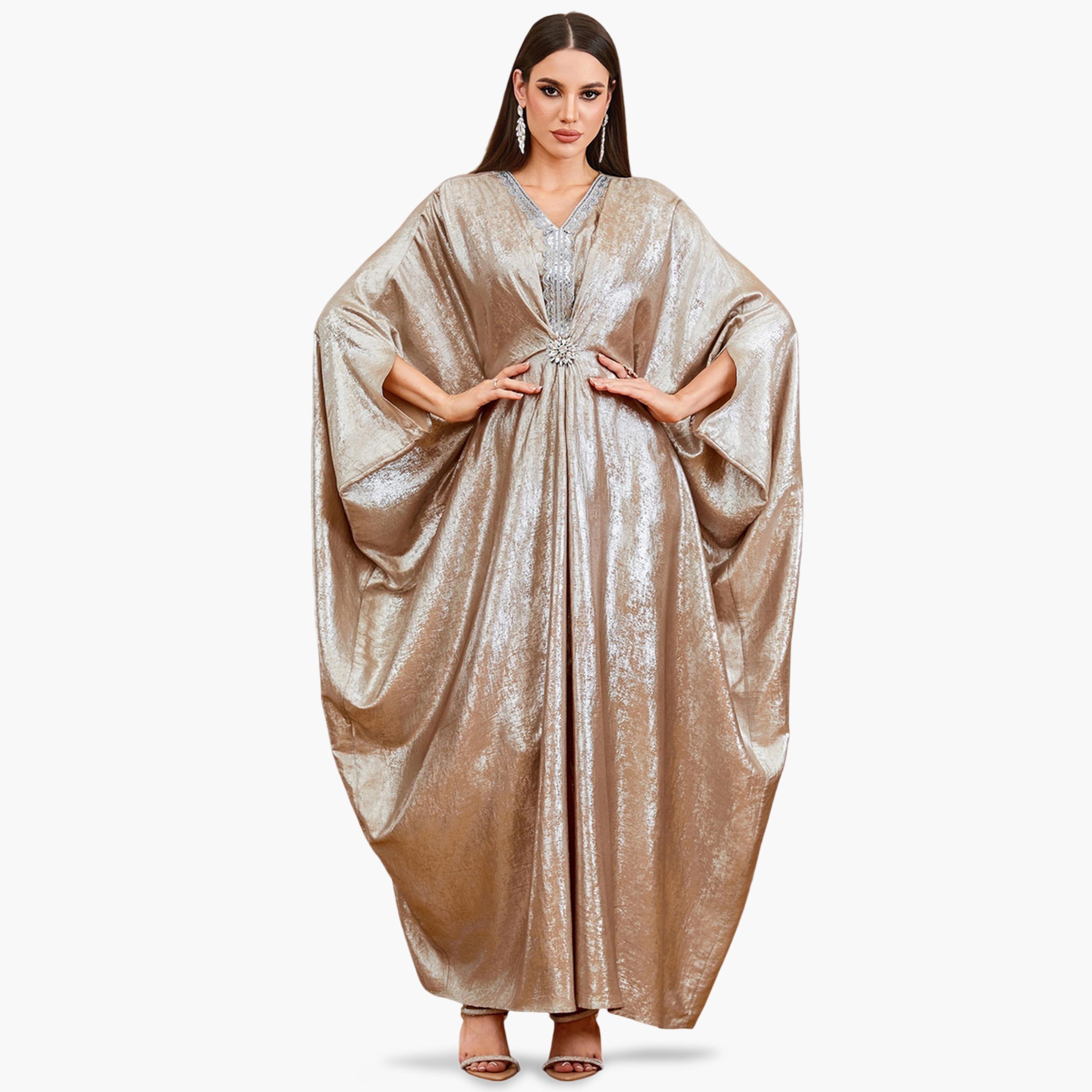 Take Two Beige Sequin Detail Batwing Sleeve Kaftan-women-arabicclothing-kaftan-image-1