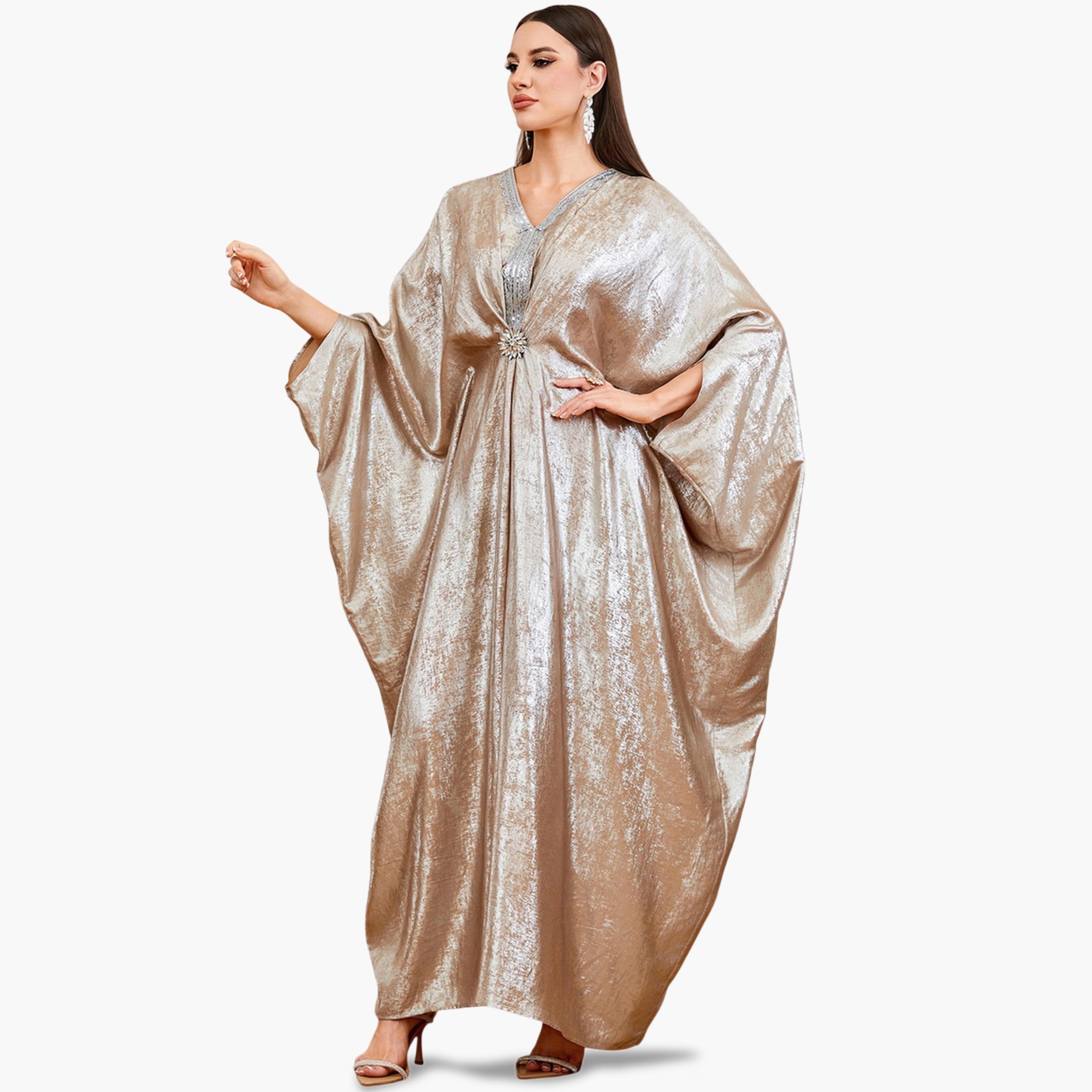 Take Two Beige Sequin Detail Batwing Sleeve Kaftan-women-arabicclothing-kaftan-image-2