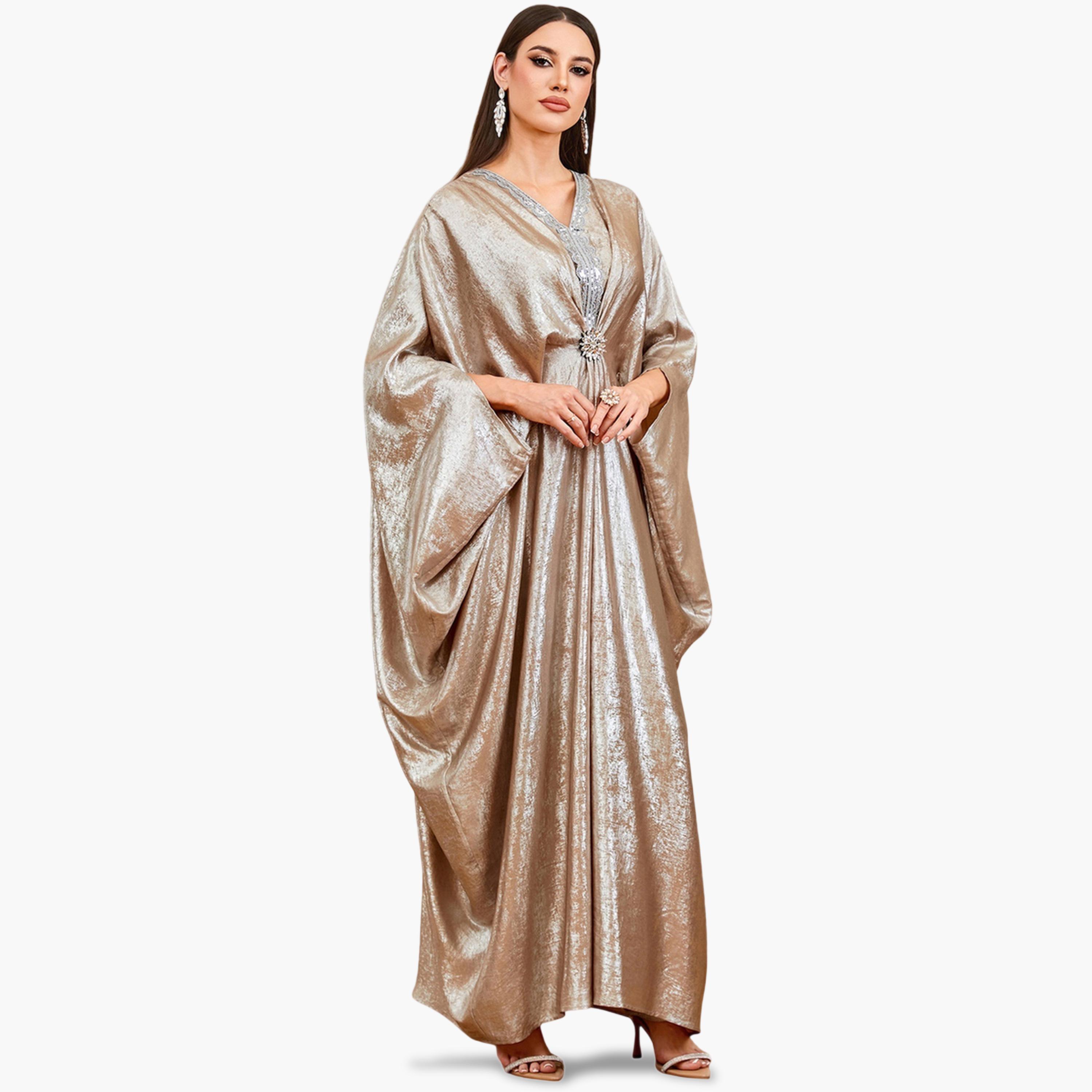 Take Two Beige Sequin Detail Batwing Sleeve Kaftan-women-arabicclothing-kaftan-image-3