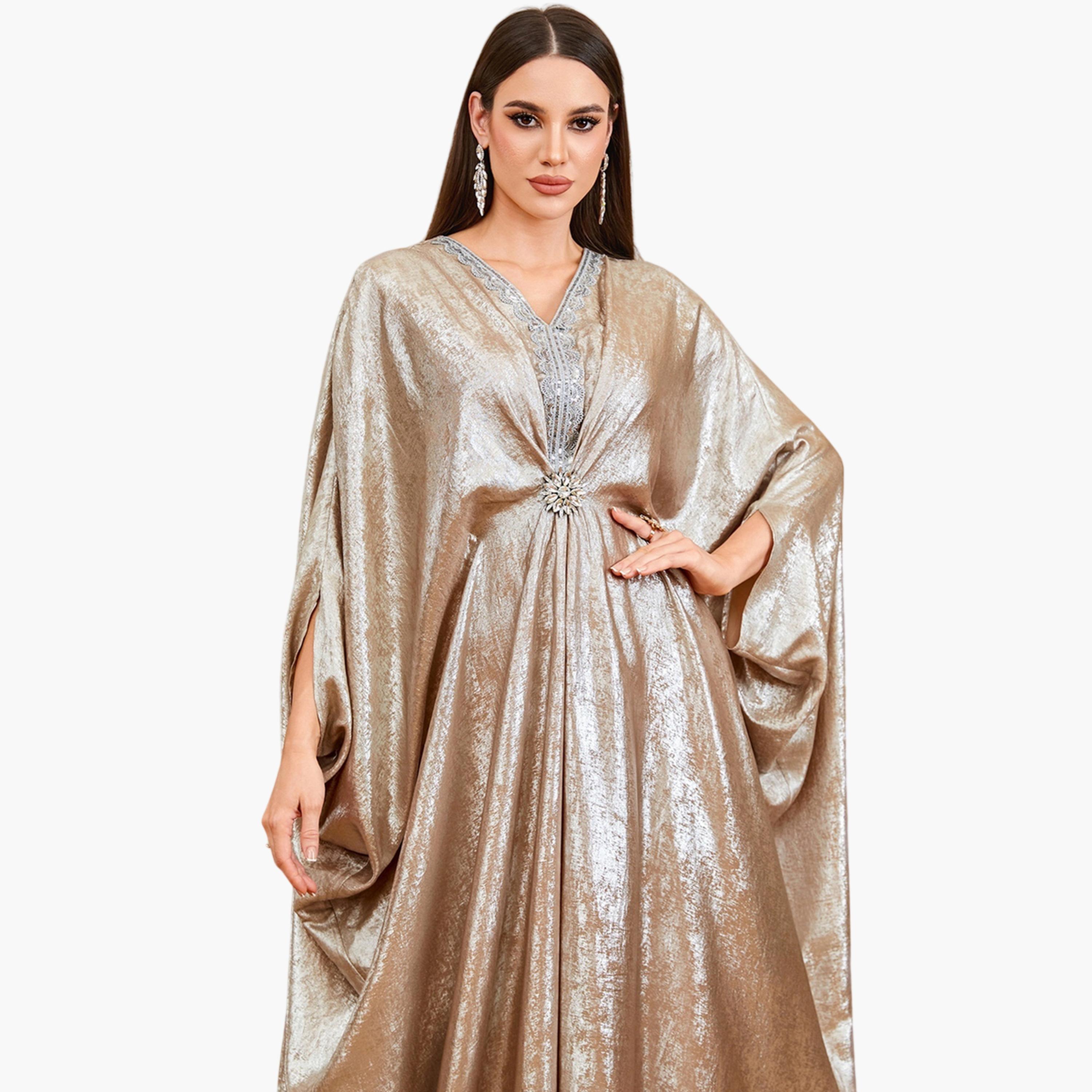 Take Two Beige Sequin Detail Batwing Sleeve Kaftan-women-arabicclothing-kaftan-image-5