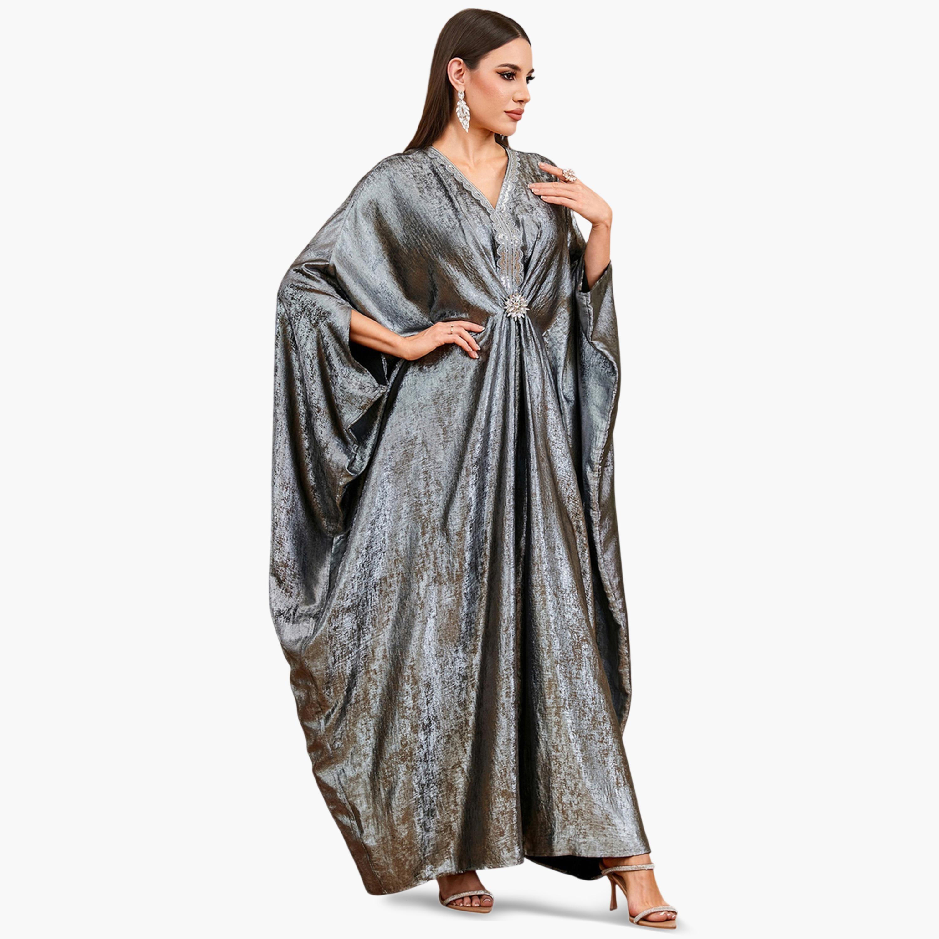 Take Two Silver Sequin Detail Batwing Sleeve Kaftan-women-arabicclothing-kaftan-image-2