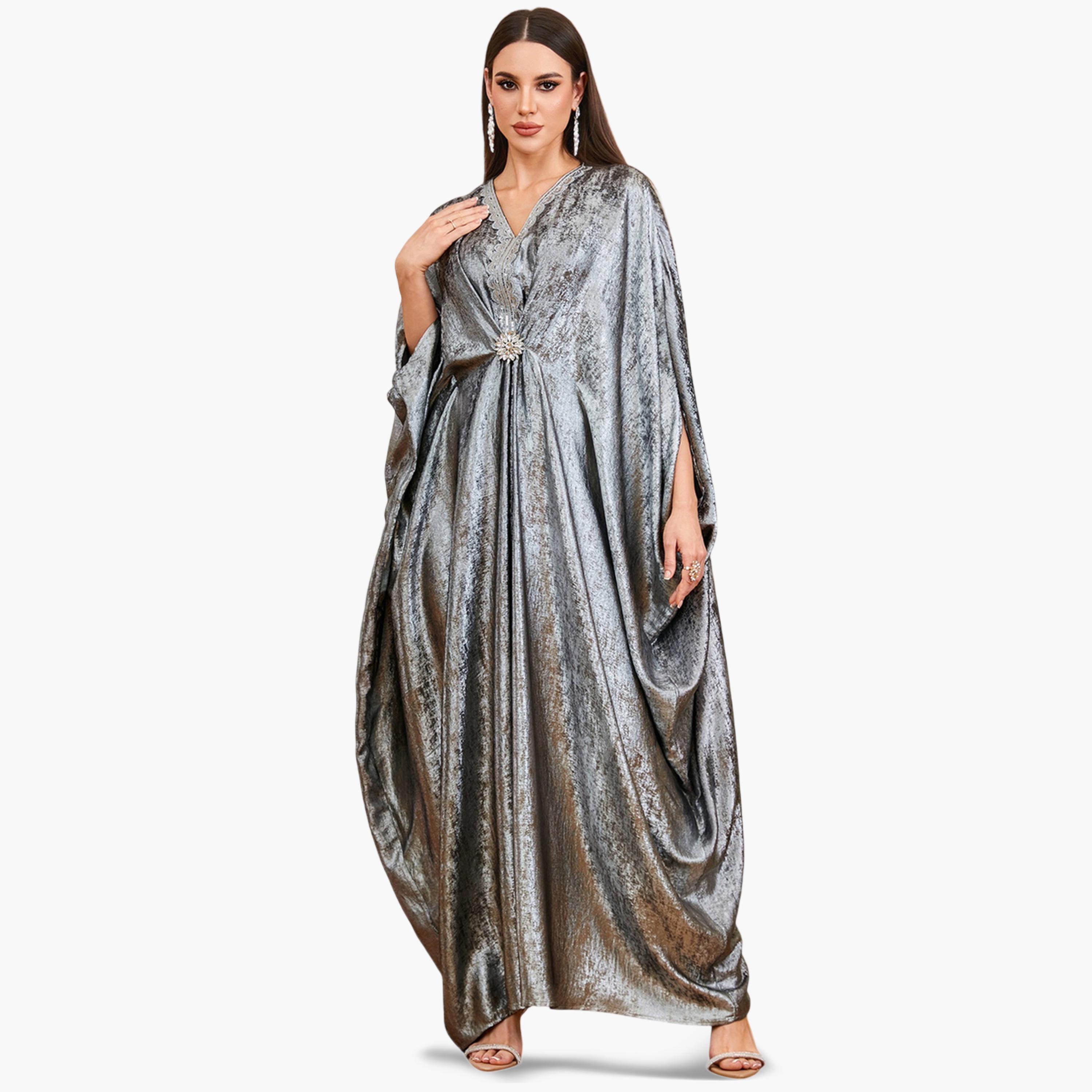 Take Two Silver Sequin Detail Batwing Sleeve Kaftan-women-arabicclothing-kaftan-image-3