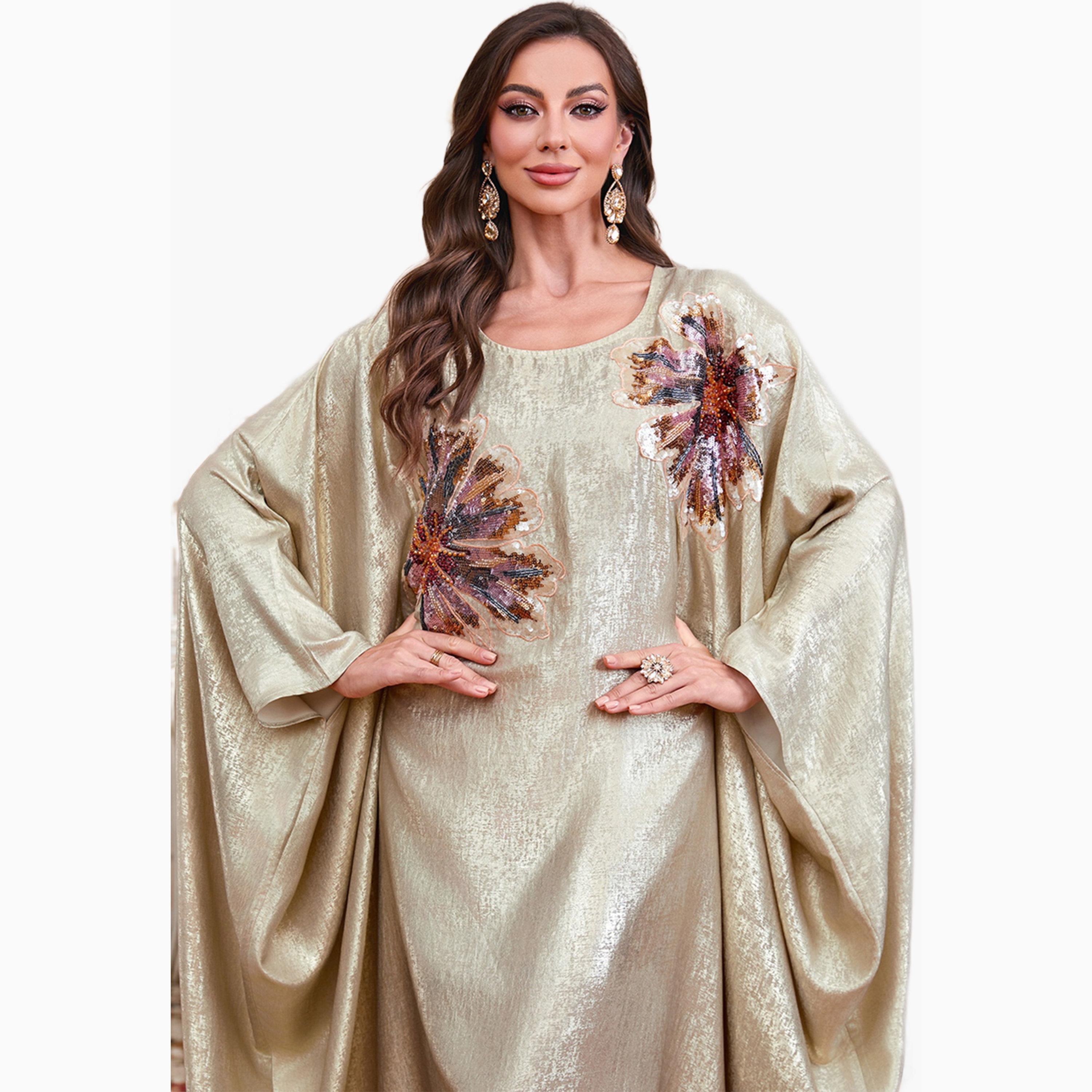 Take Two Beige Sequin Patch Detail Batwing Sleeve Kaftan-women-arabicclothing-kaftan-image-5