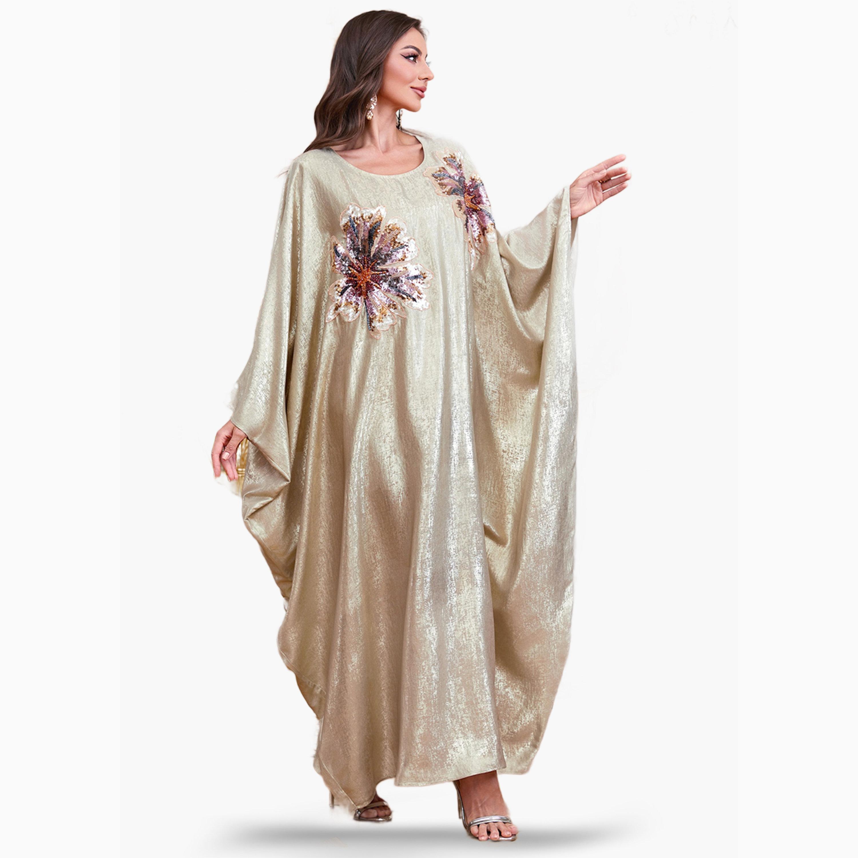 Take Two Beige Sequin Patch Detail Batwing Sleeve Kaftan-women-arabicclothing-kaftan-image-6