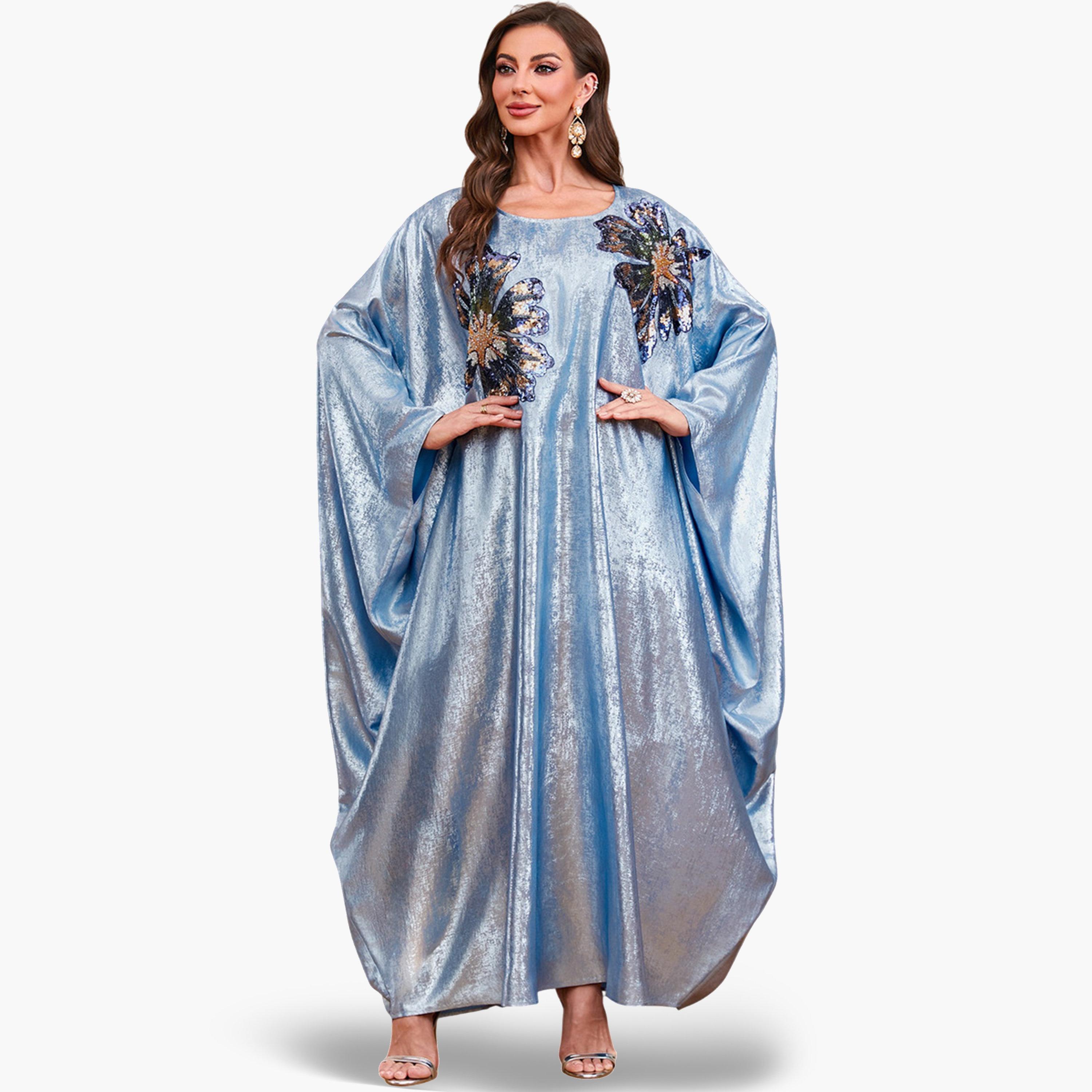 Take Two Blue Sequin Patch Detail Batwing Sleeve Kaftan-women-arabicclothing-kaftan-image-1