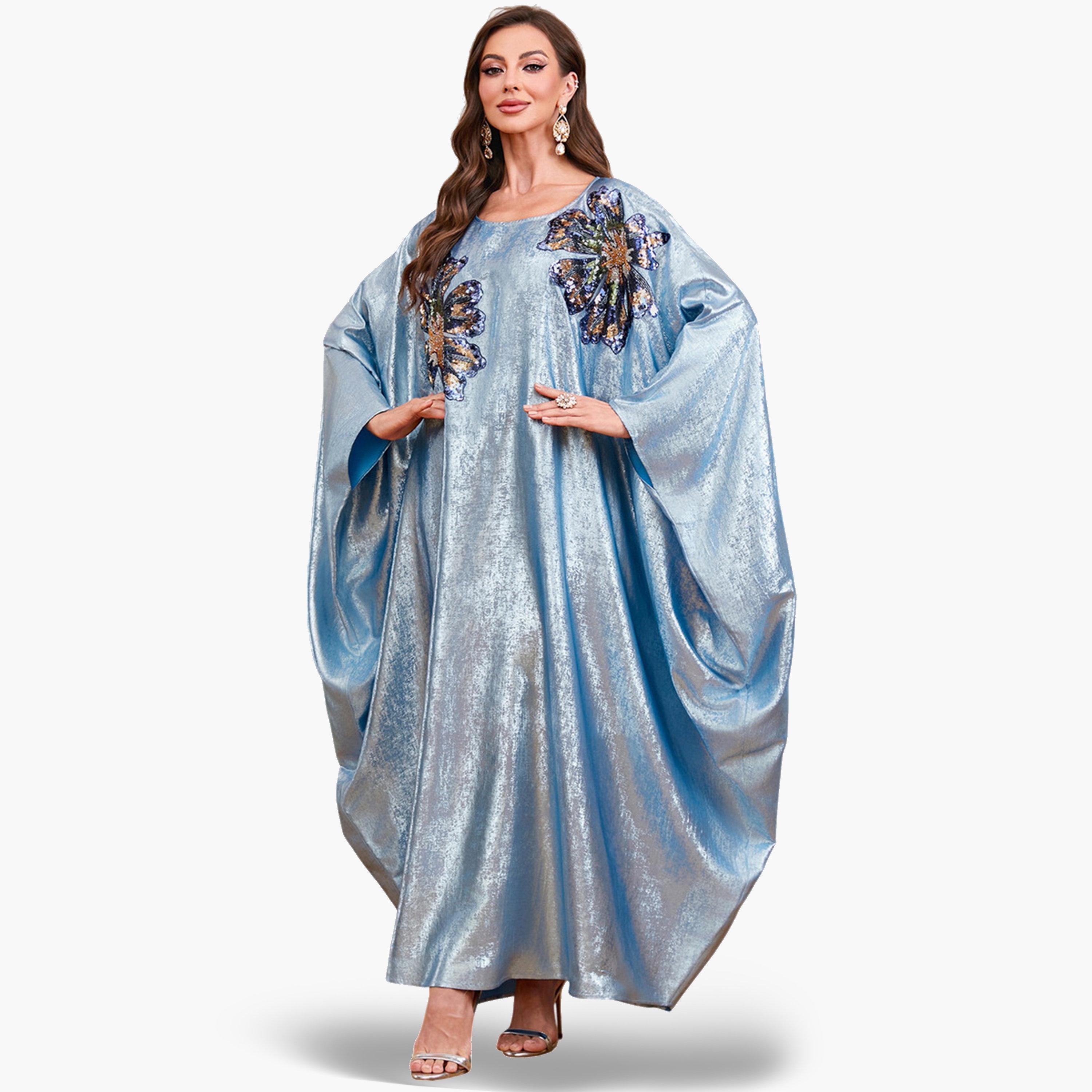 Take Two Blue Sequin Patch Detail Batwing Sleeve Kaftan-women-arabicclothing-kaftan-image-2