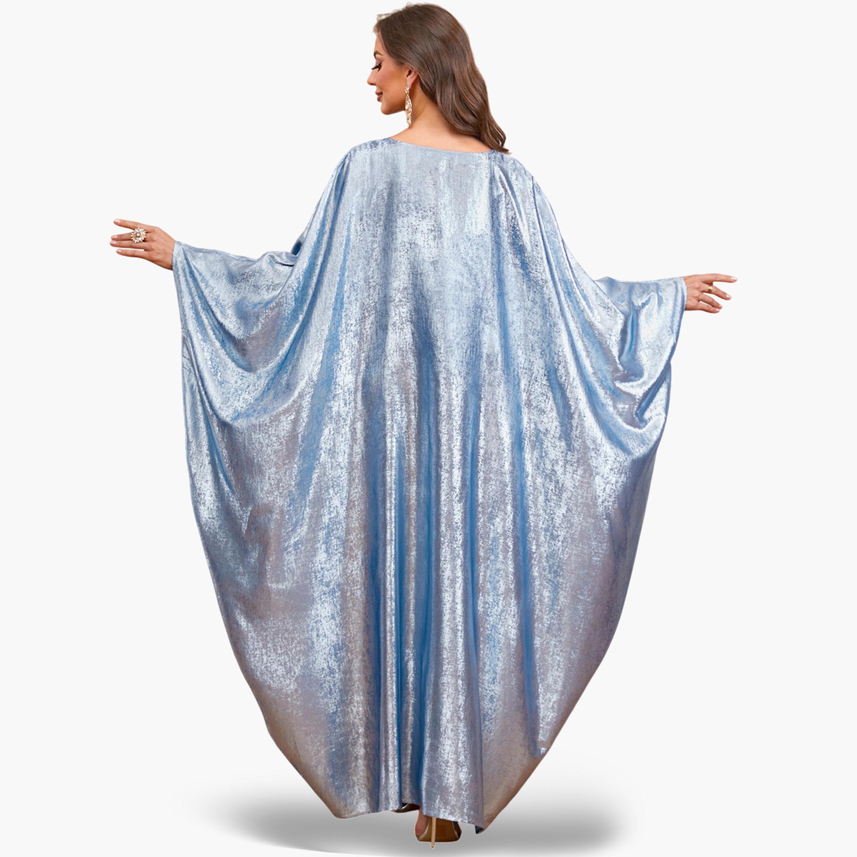 Take Two Blue Sequin Patch Detail Batwing Sleeve Kaftan-women-arabicclothing-kaftan-image-4