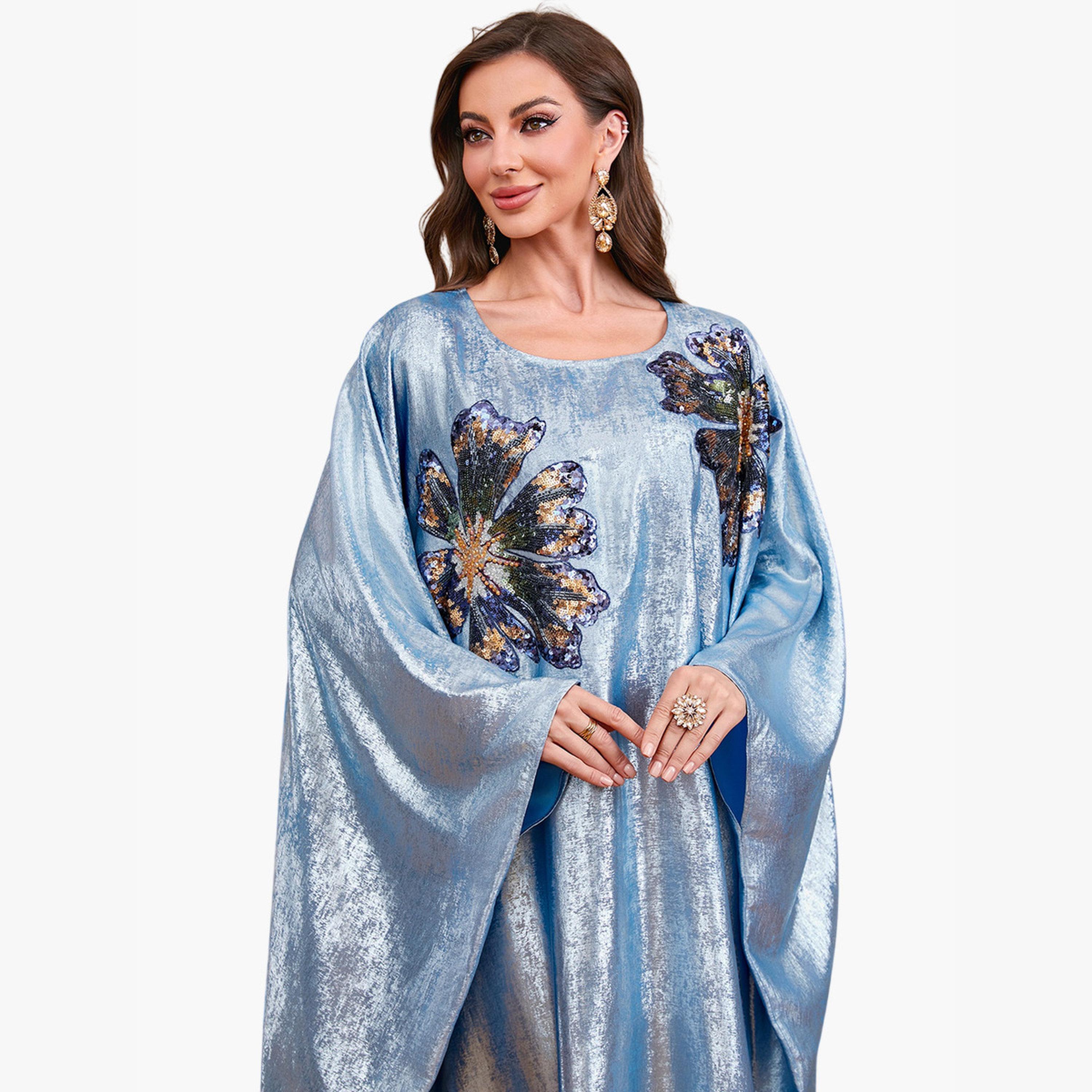 Take Two Blue Sequin Patch Detail Batwing Sleeve Kaftan-women-arabicclothing-kaftan-image-5