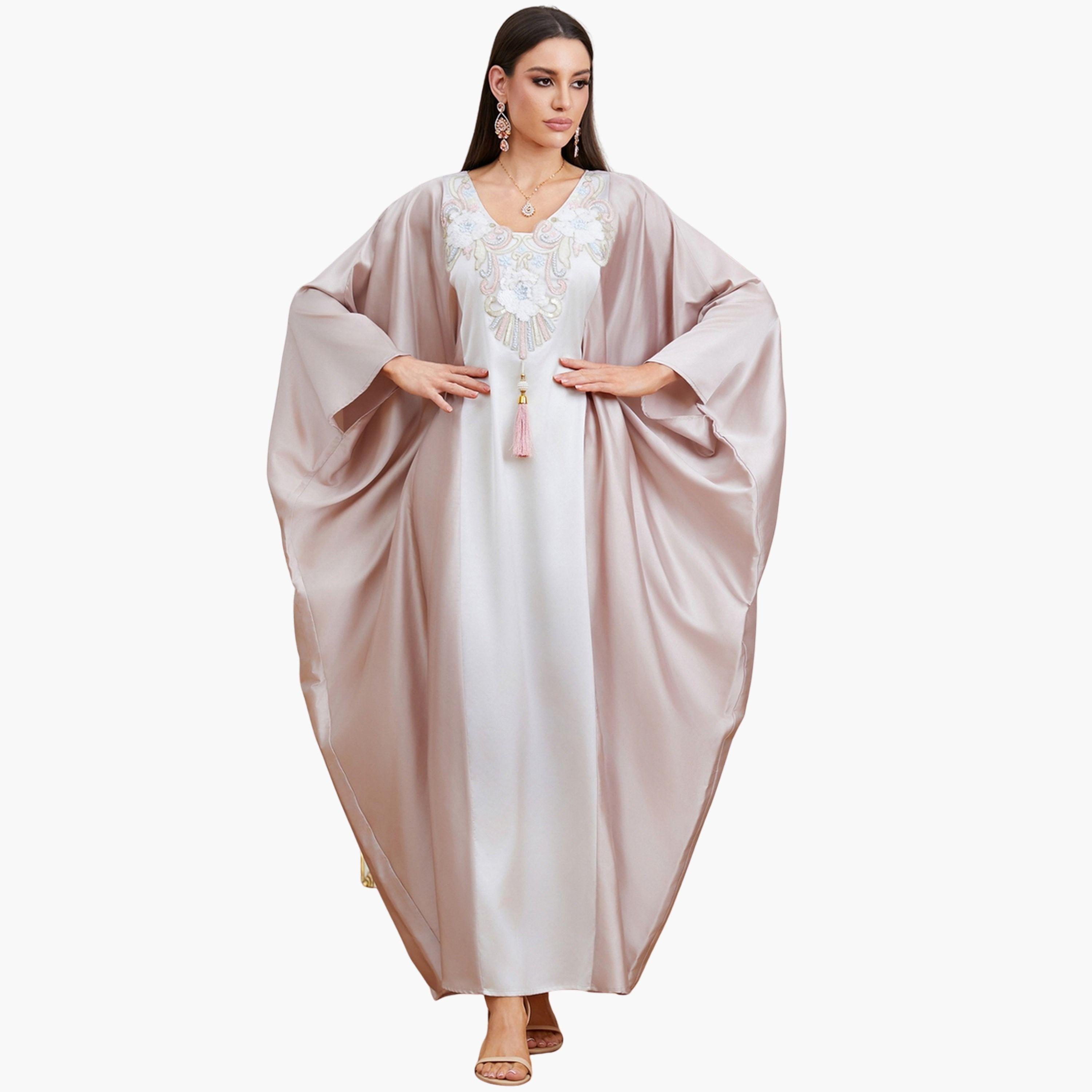 قفطان ساتان بتفاصيل رقعة ترتر وشرابات-women-arabicclothing-kaftan-image-1