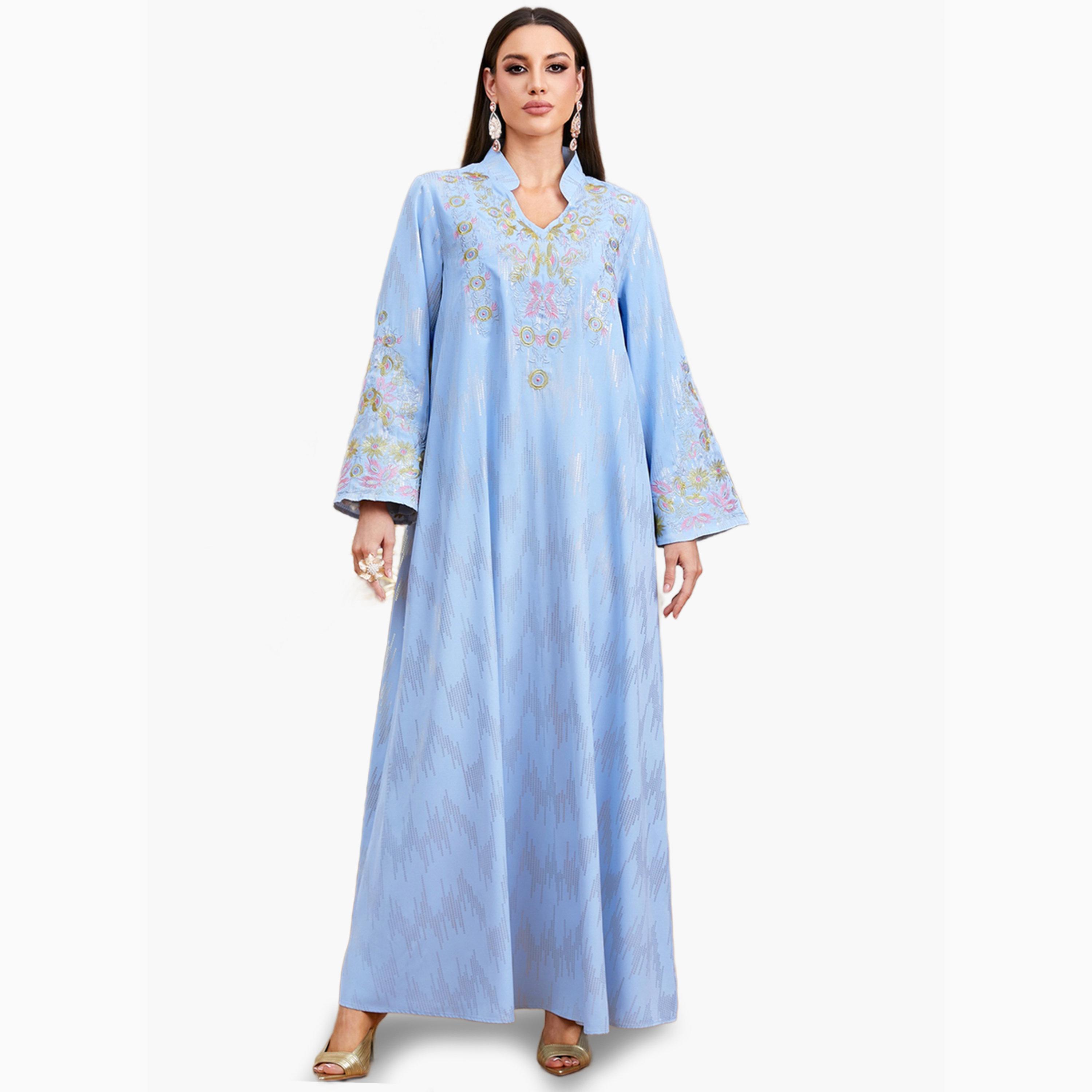 Take Two Blue Sequined Collared Jalabiya with Embroidered Detail-women-arabicclothing-jalabiyas-image-1