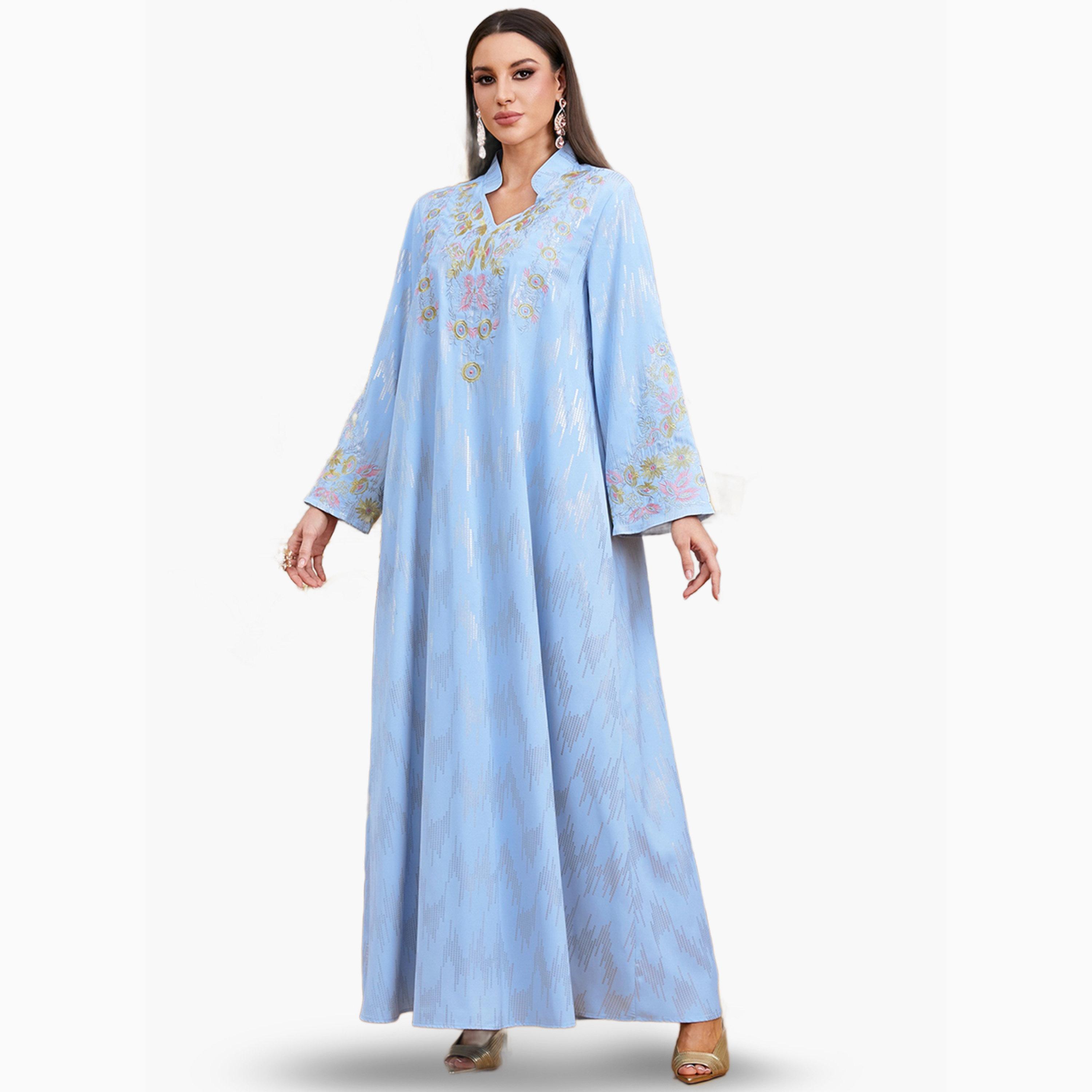 جلابية زرقاء بياقة وترتر مع تفاصيل مطرزة-women-arabicclothing-jalabiyas-image-3