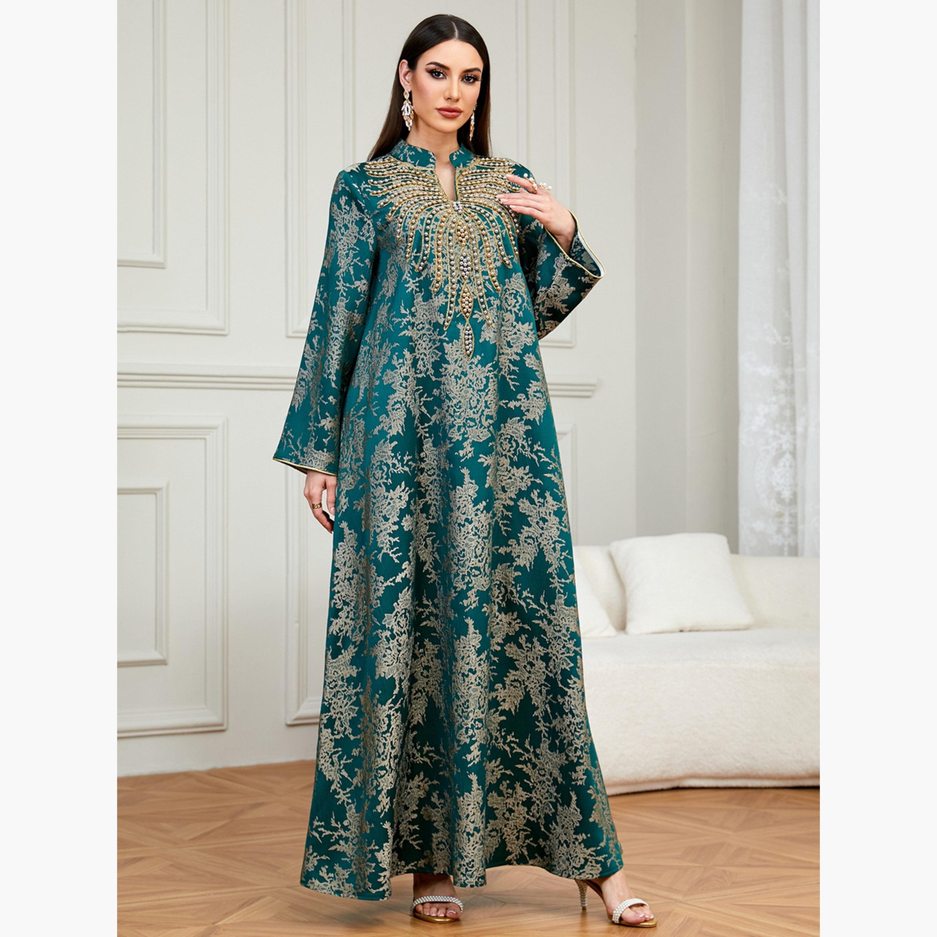 جلابية بتفاصيل مزينة وقماش بارز الملمس-women-arabicclothing-jalabiyas-image-5